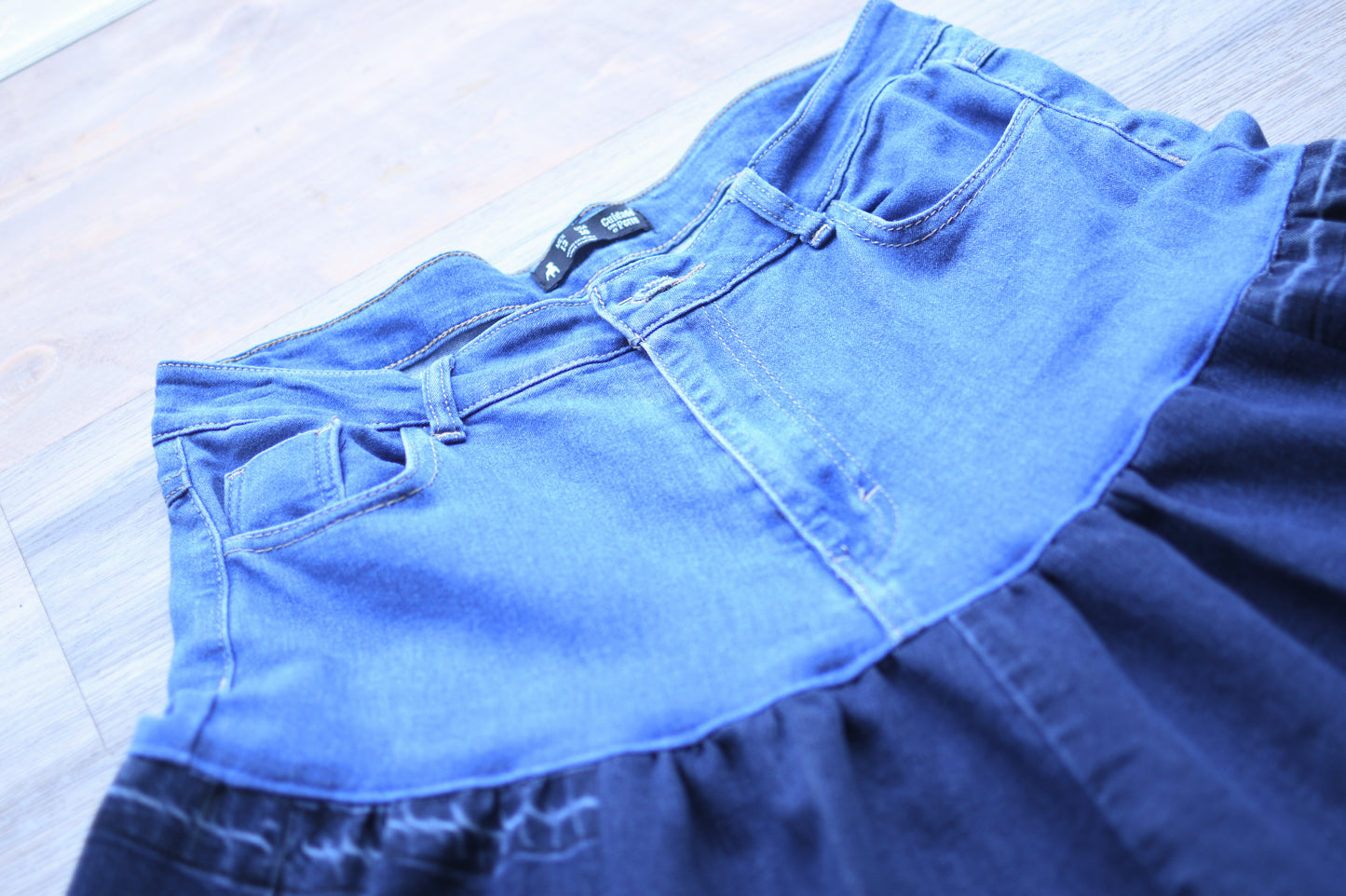 Handmade Upcycled Two Section Gathered  Denim Long With Original Pockets Only One Size XL