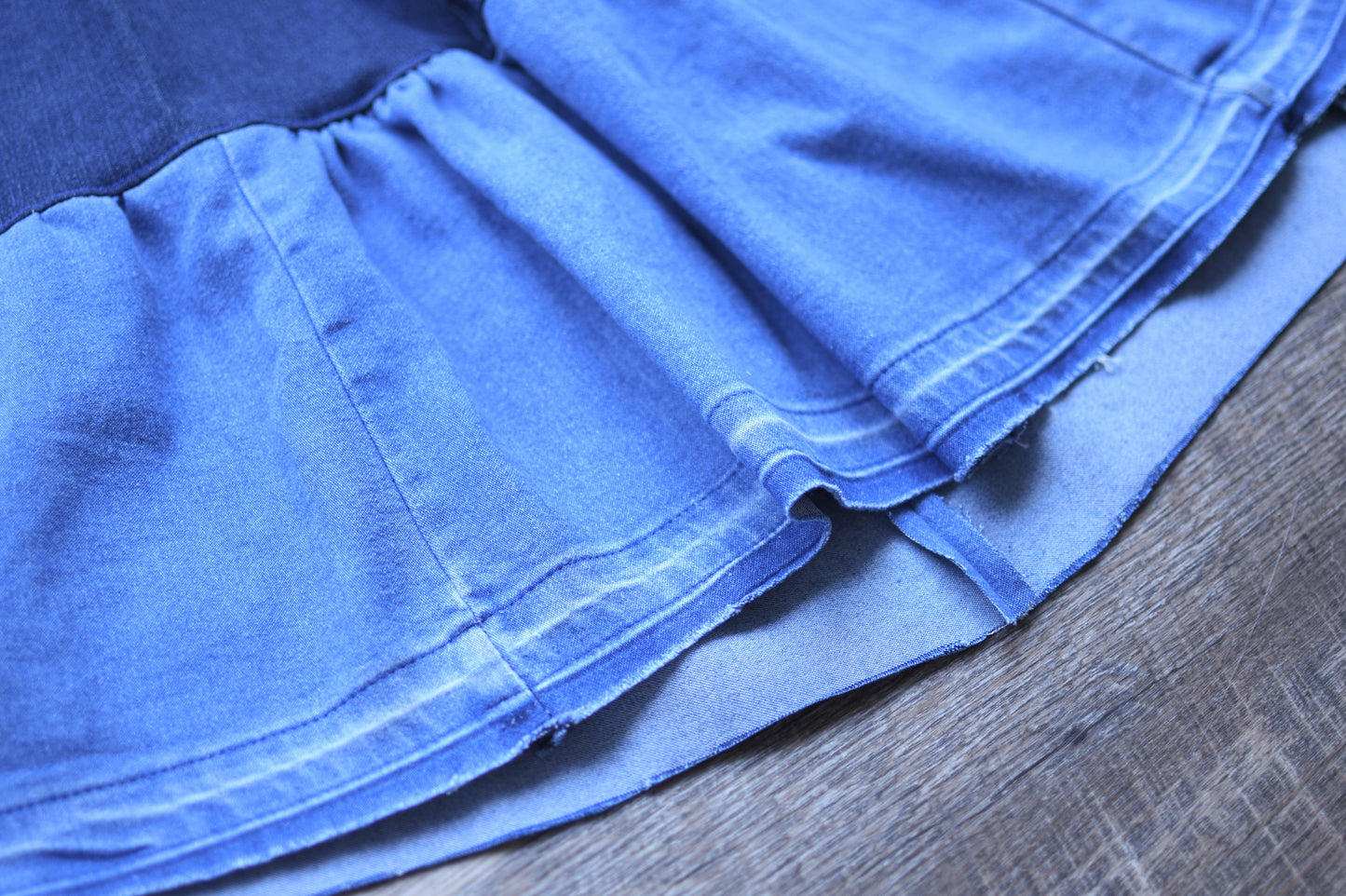 Handmade Upcycled Two Section Gathered  Denim Long With Original Pockets Only One Size XL