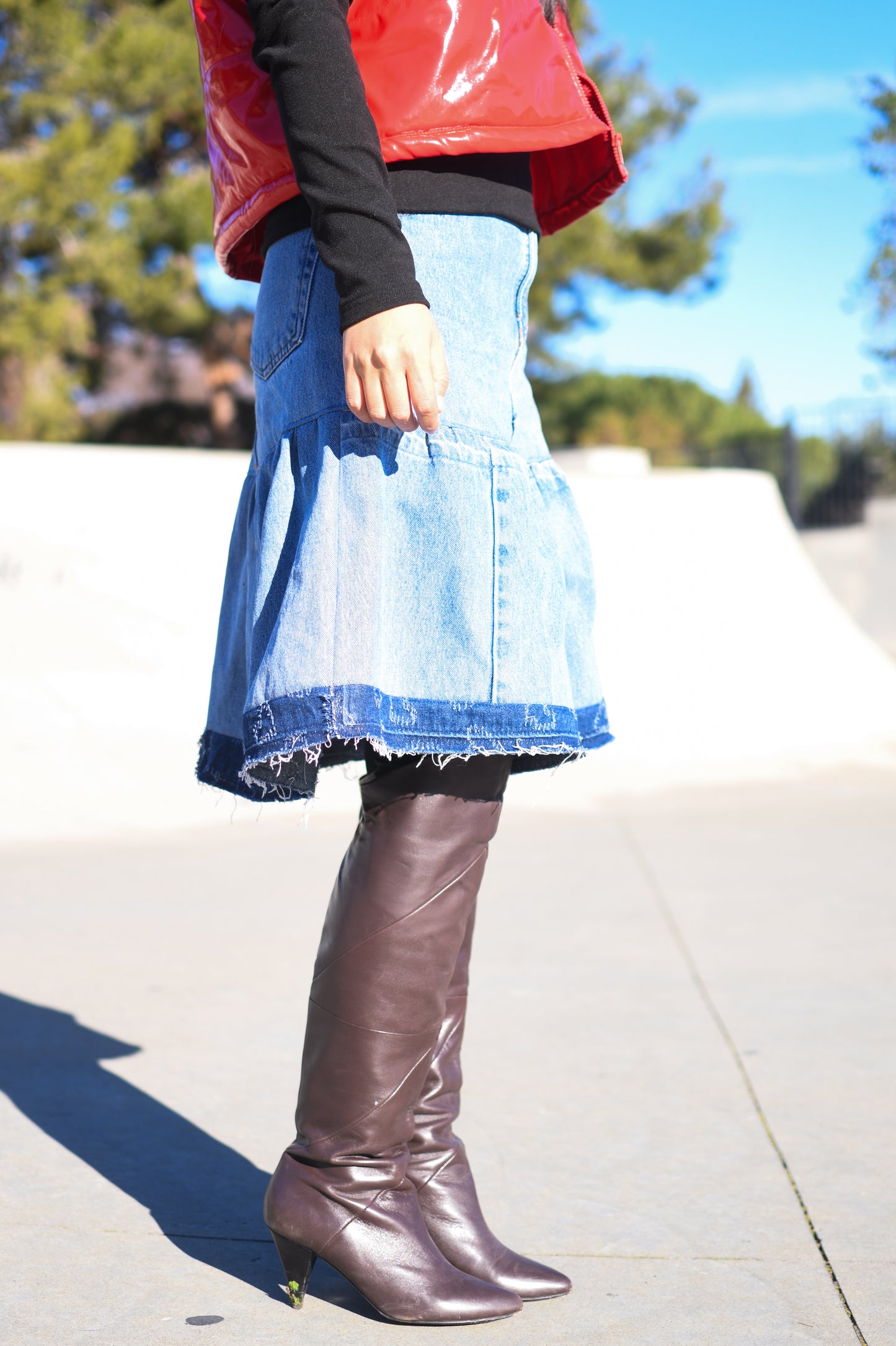 1 Of 1 Handmade A-Line Two Section Gathered Knee Length Denim Skirt With Contrast Color Frayed Edges Hem Upcycled Size Medium