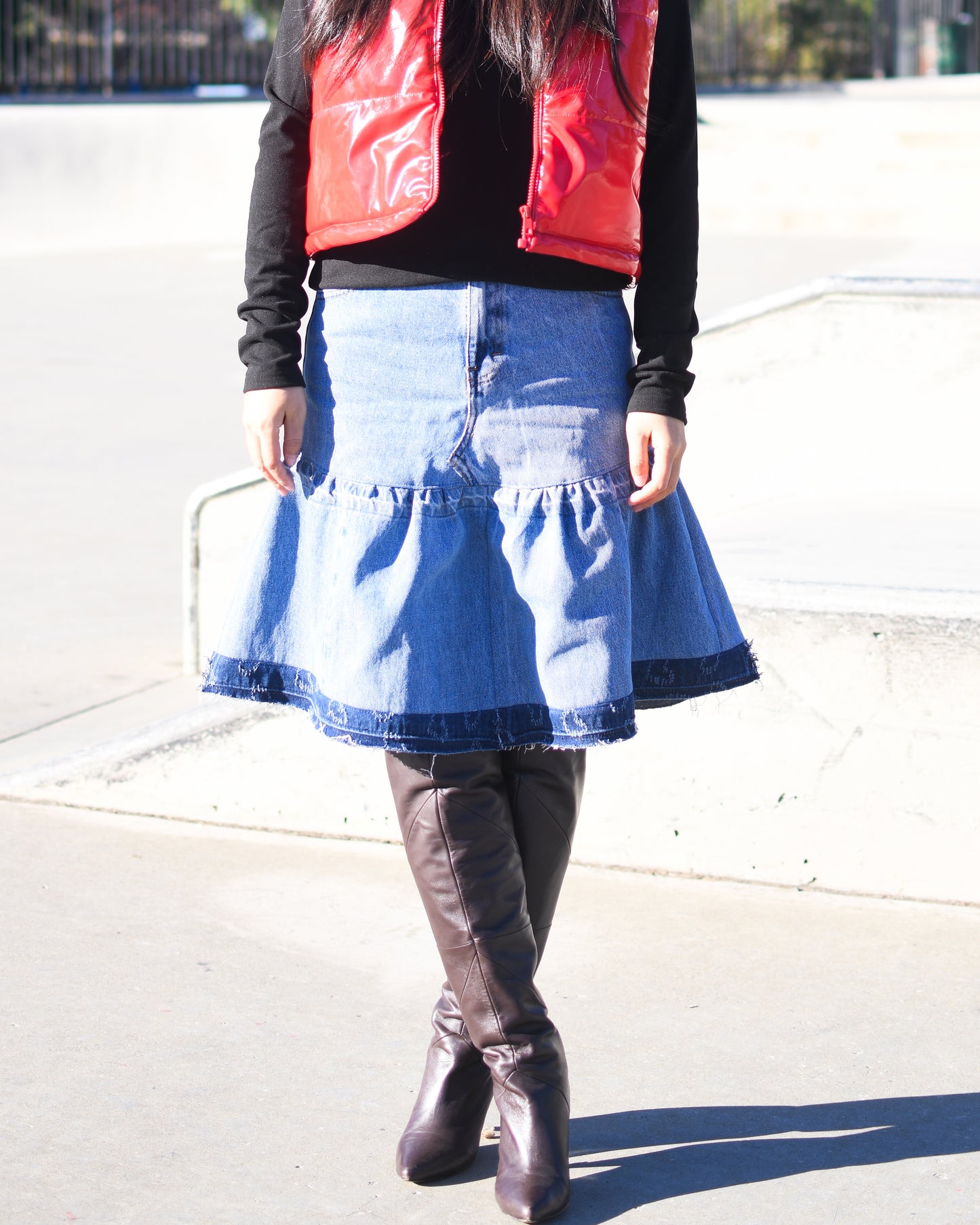 1 Of 1 Handmade A-Line Two Section Gathered Knee Length Denim Skirt With Contrast Color Frayed Edges Hem Upcycled Size Medium