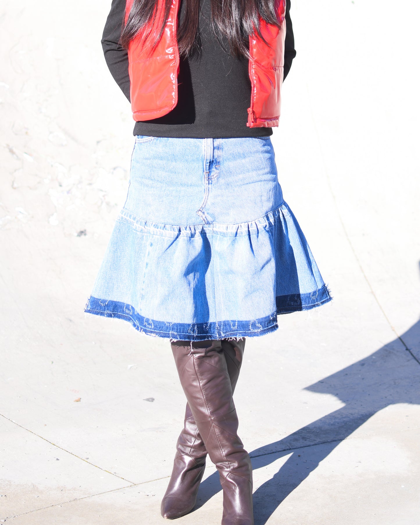 1 Of 1 Handmade A-Line Two Section Gathered Knee Length Denim Skirt With Contrast Color Frayed Edges Hem Upcycled Size Medium