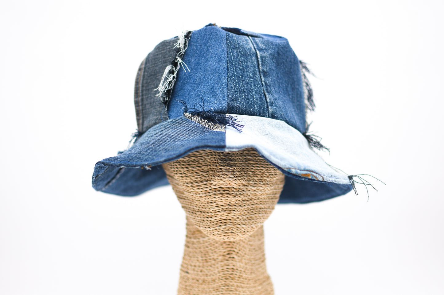 Handmade 1 Of 1 4-Way-Wear Distressed Patchwork Multi-Shade Denim Bucket Hat Upcycled Only ONE Up To 23" Head Circumference