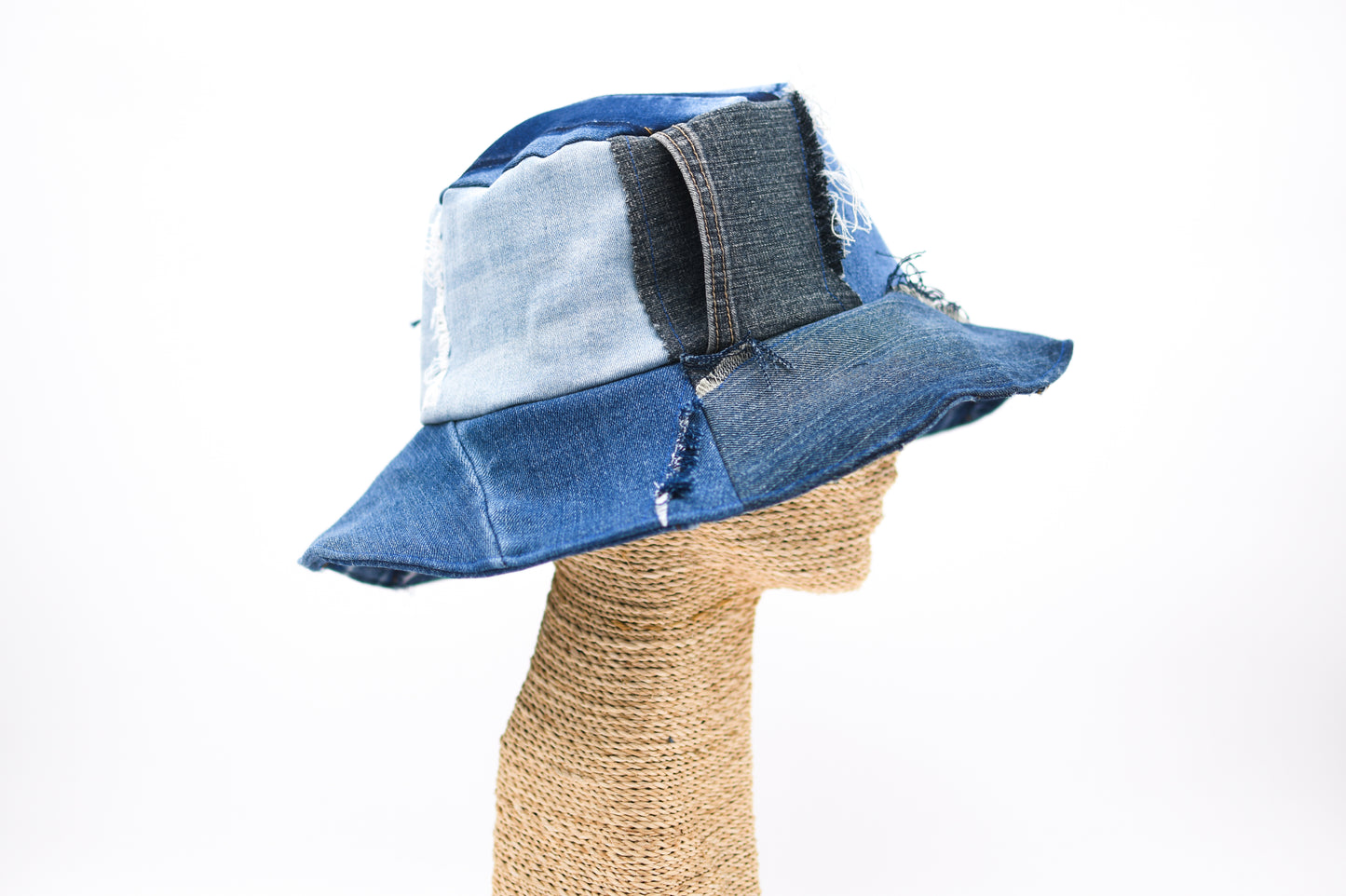 Handmade 1 Of 1 4-Way-Wear Distressed Patchwork Multi-Shade Denim Bucket Hat Upcycled Only ONE Up To 23" Head Circumference