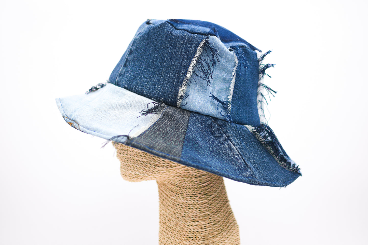 Handmade 1 Of 1 4-Way-Wear Distressed Patchwork Multi-Shade Denim Bucket Hat Upcycled Only ONE Up To 23" Head Circumference