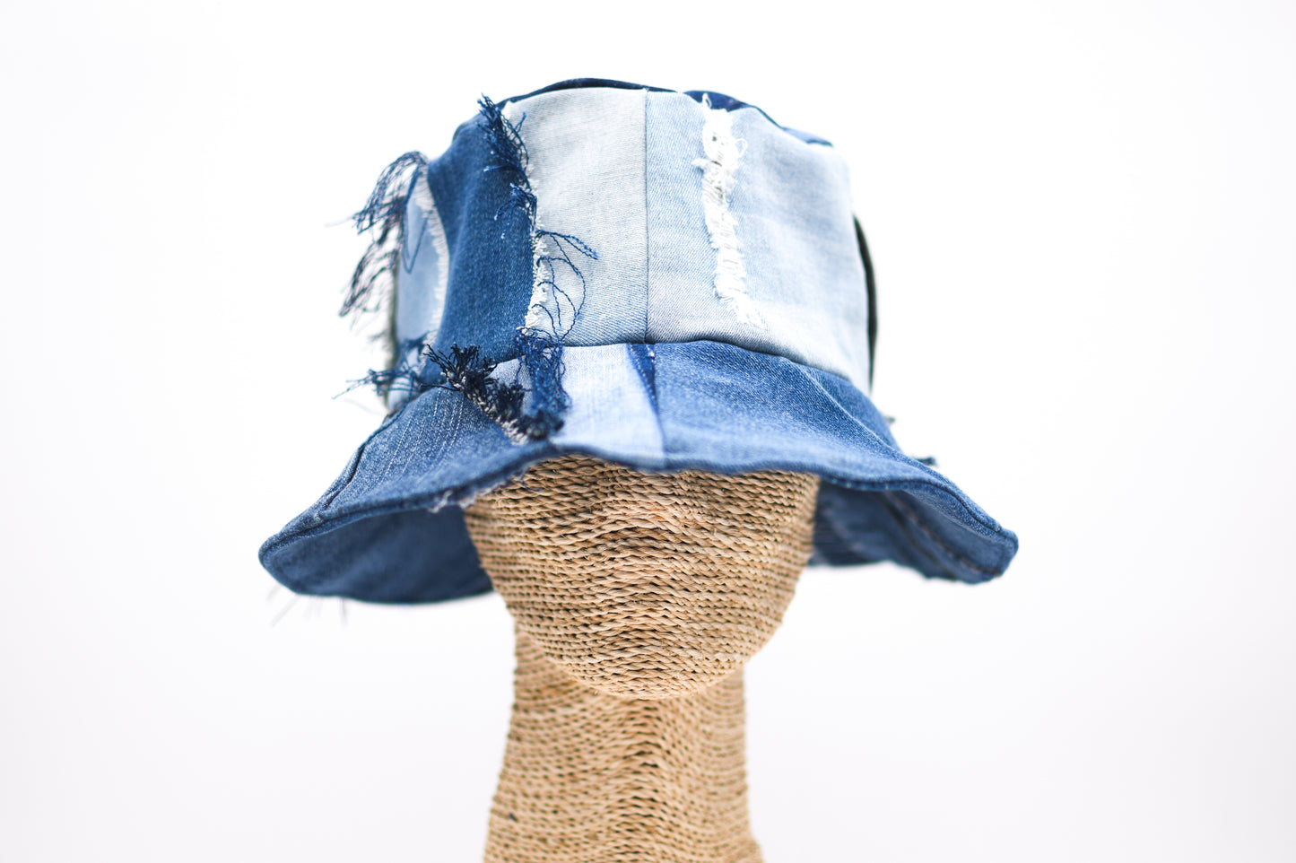 Handmade 1 Of 1 4-Way-Wear Distressed Patchwork Multi-Shade Denim Bucket Hat Upcycled Only ONE Up To 23" Head Circumference