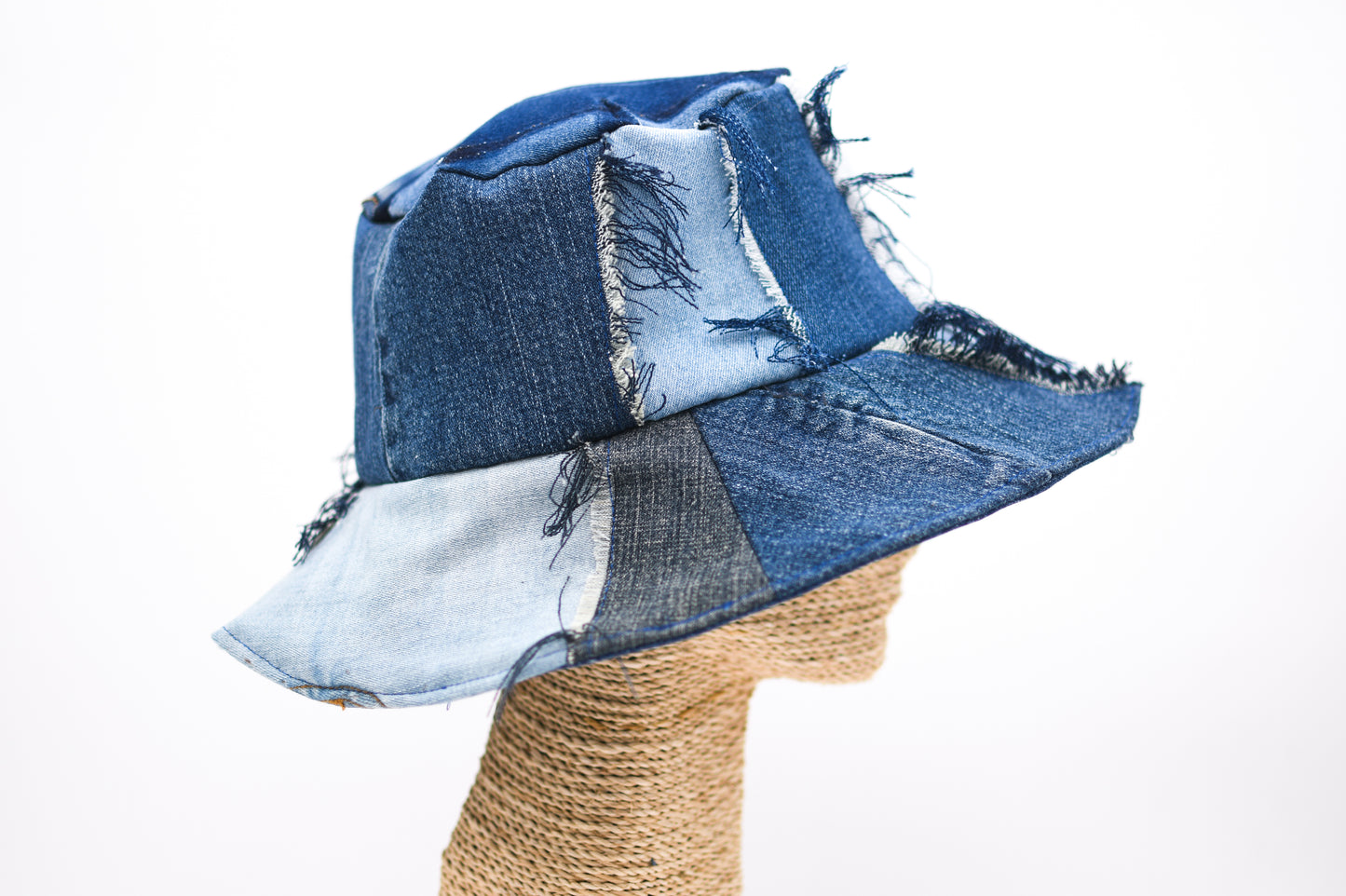 Handmade 1 Of 1 4-Way-Wear Distressed Patchwork Multi-Shade Denim Bucket Hat Upcycled Only ONE Up To 23" Head Circumference