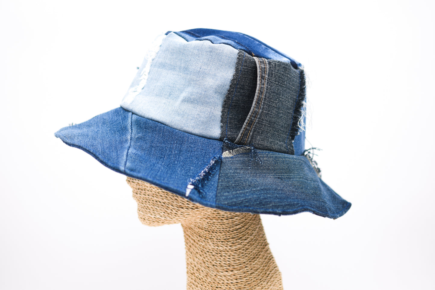 Handmade 1 Of 1 4-Way-Wear Distressed Patchwork Multi-Shade Denim Bucket Hat Upcycled Only ONE Up To 23" Head Circumference