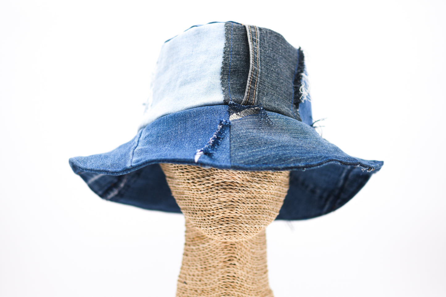Handmade 1 Of 1 4-Way-Wear Distressed Patchwork Multi-Shade Denim Bucket Hat Upcycled Only ONE Up To 23" Head Circumference