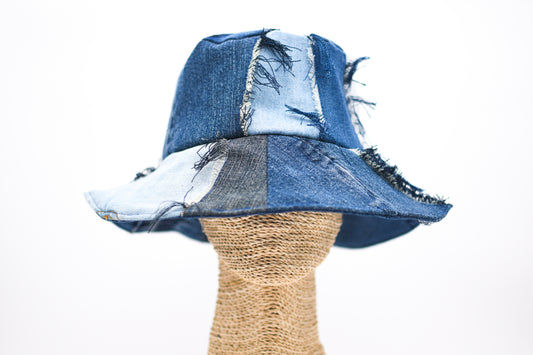 Handmade 1 Of 1 4-Way-Wear Distressed Patchwork Multi-Shade Denim Bucket Hat Upcycled Only ONE Up To 23" Head Circumference