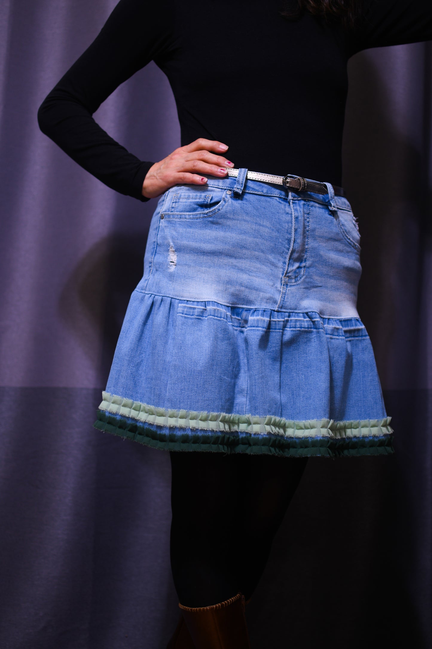 Handmade Upcycled Light Blue Denim Two-Section Gathered Short Skirt With Two Shades Of Green Ruffles