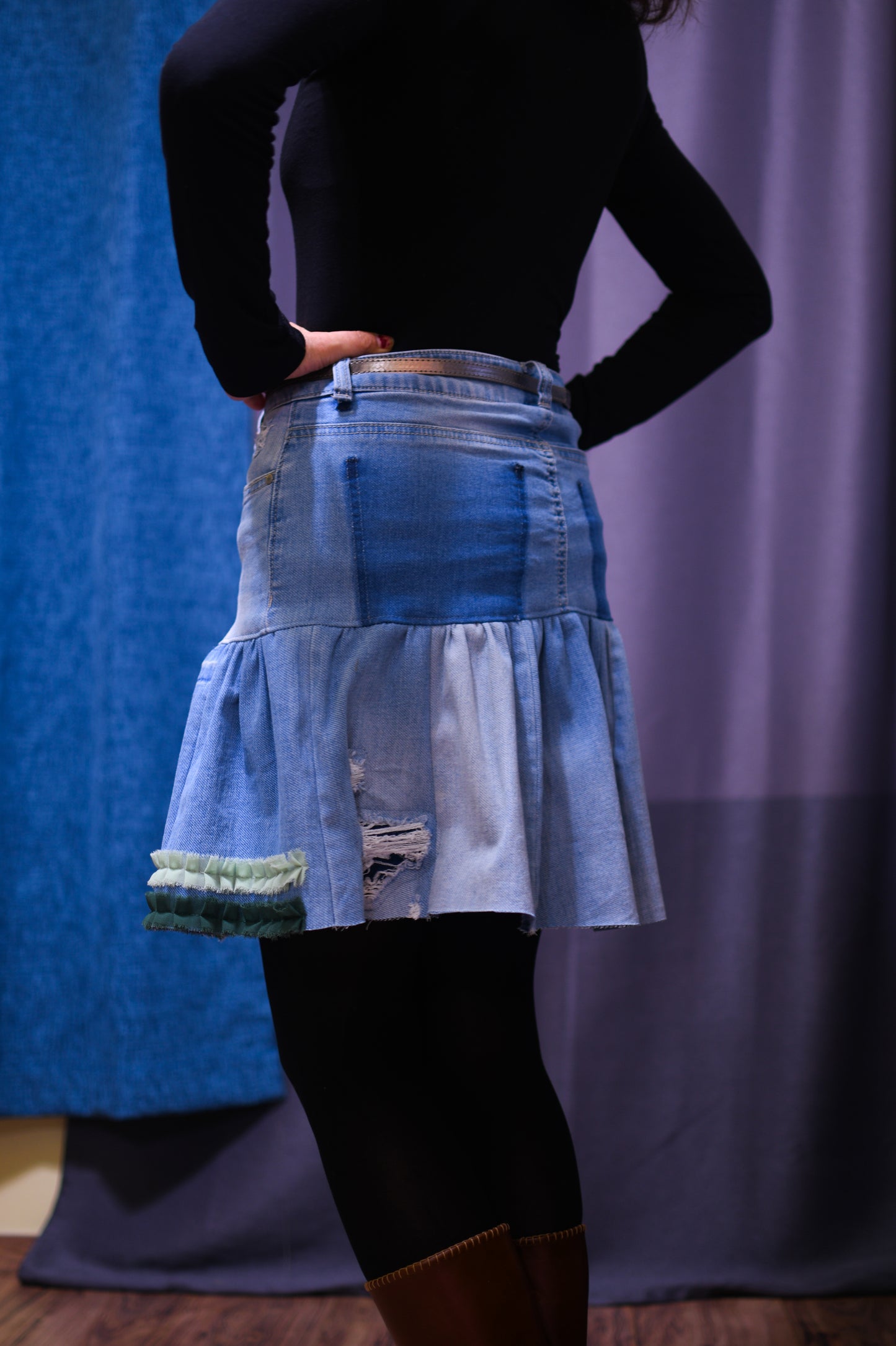 Handmade Upcycled Light Blue Denim Two-Section Gathered Short Skirt With Two Shades Of Green Ruffles