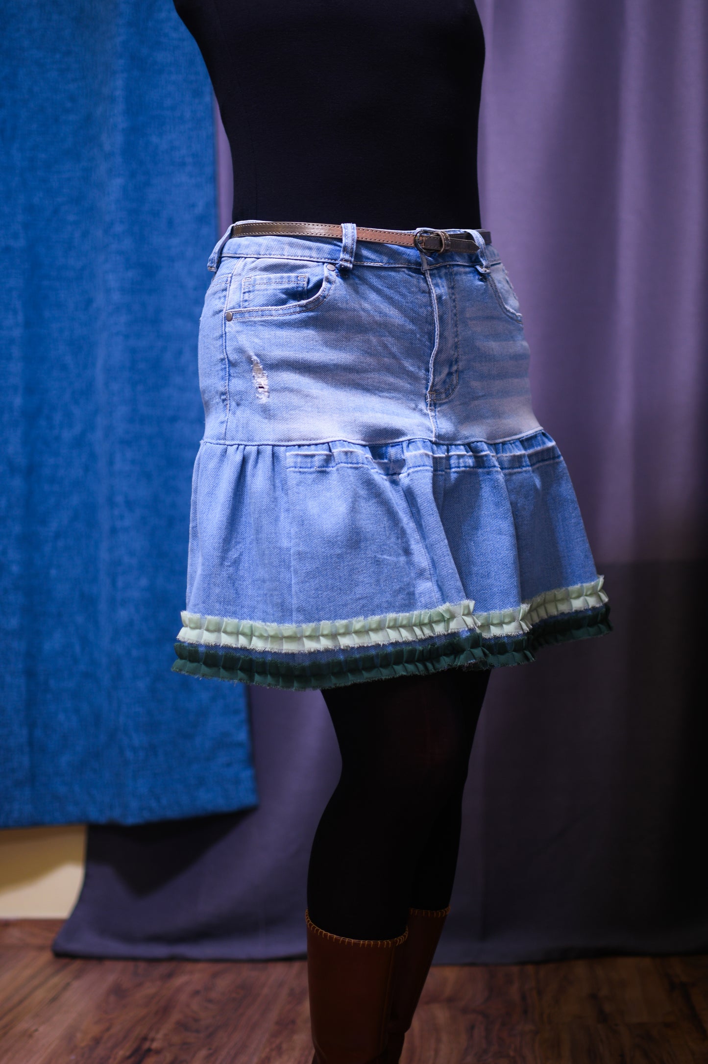 Handmade Upcycled Light Blue Denim Two-Section Gathered Short Skirt With Two Shades Of Green Ruffles