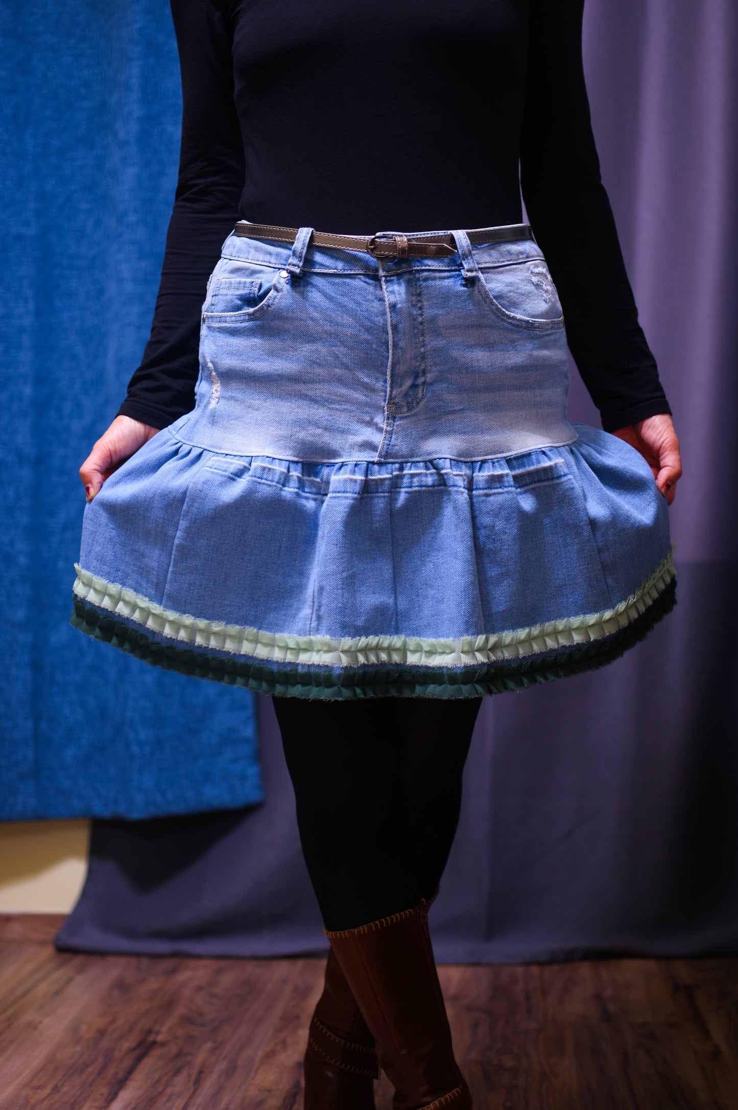 Handmade Upcycled Light Blue Denim Two-Section Gathered Short Skirt With Two Shades Of Green Ruffles