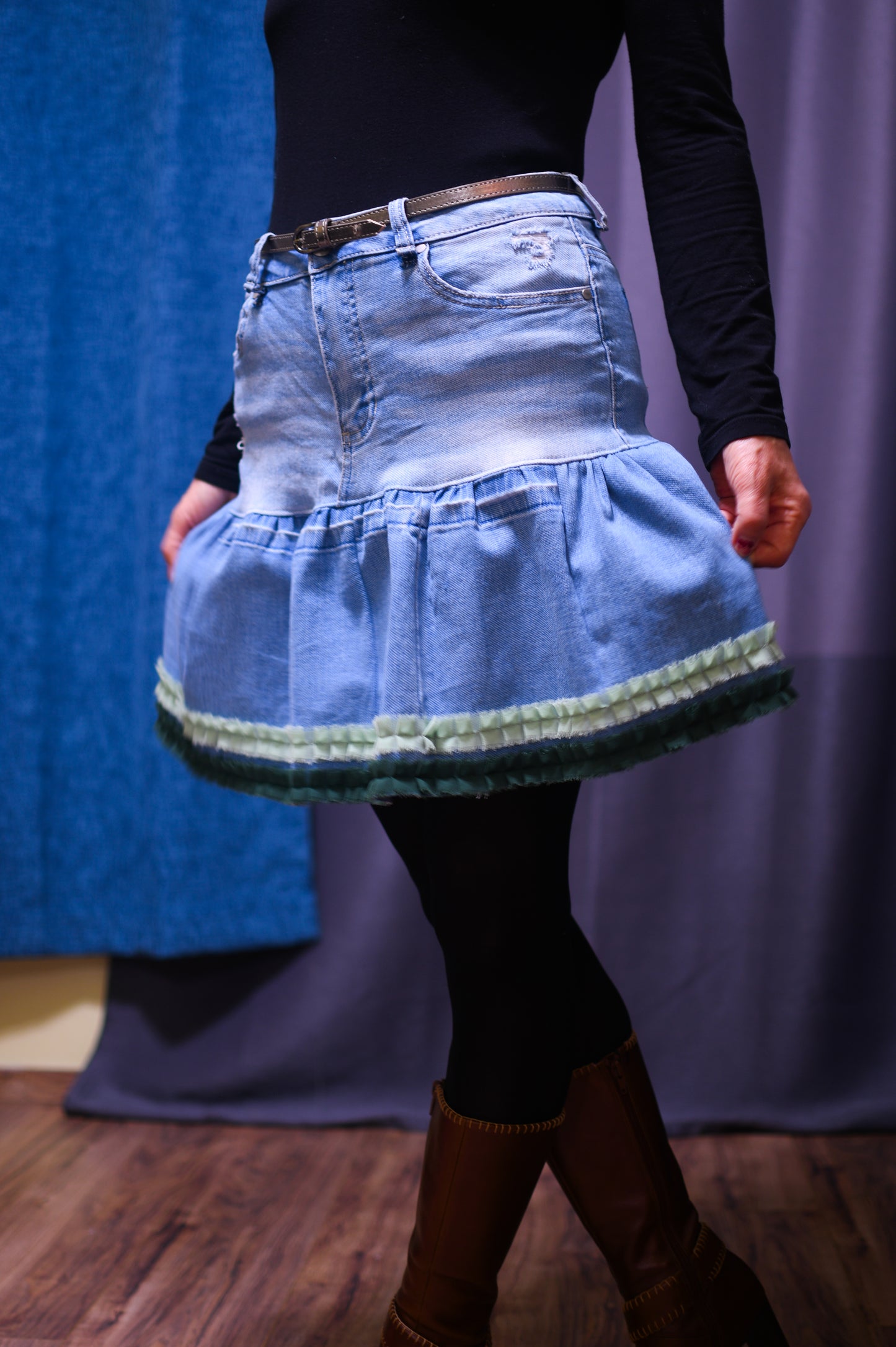 Handmade Upcycled Light Blue Denim Two-Section Gathered Short Skirt With Two Shades Of Green Ruffles