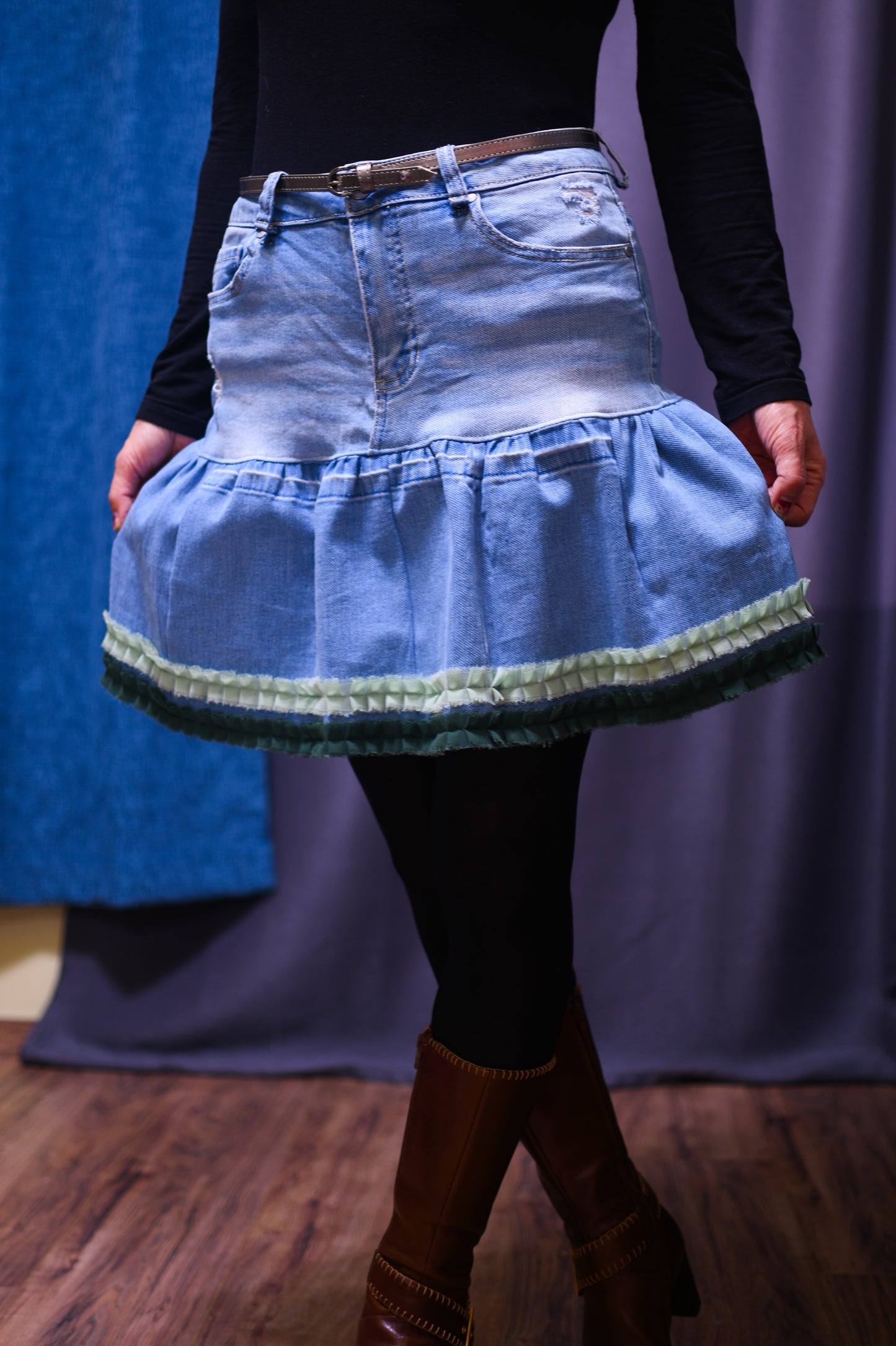 Handmade Upcycled Light Blue Denim Two-Section Gathered Short Skirt With Two Shades Of Green Ruffles