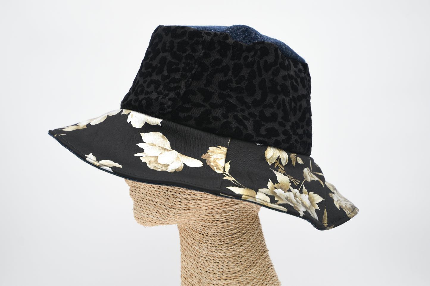 1 Of 1 4-Way-Wear Handmade Golden Floral Print Black Texture And Blue Denim Bucket Hat One Size Only ONE Up To 23 Head Circumference