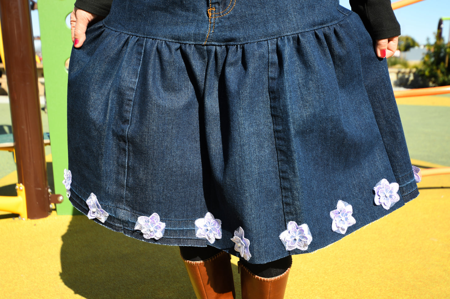Handmade Navy Two-Section Gathered Denim Knee Length Skirt With Purple Flowers