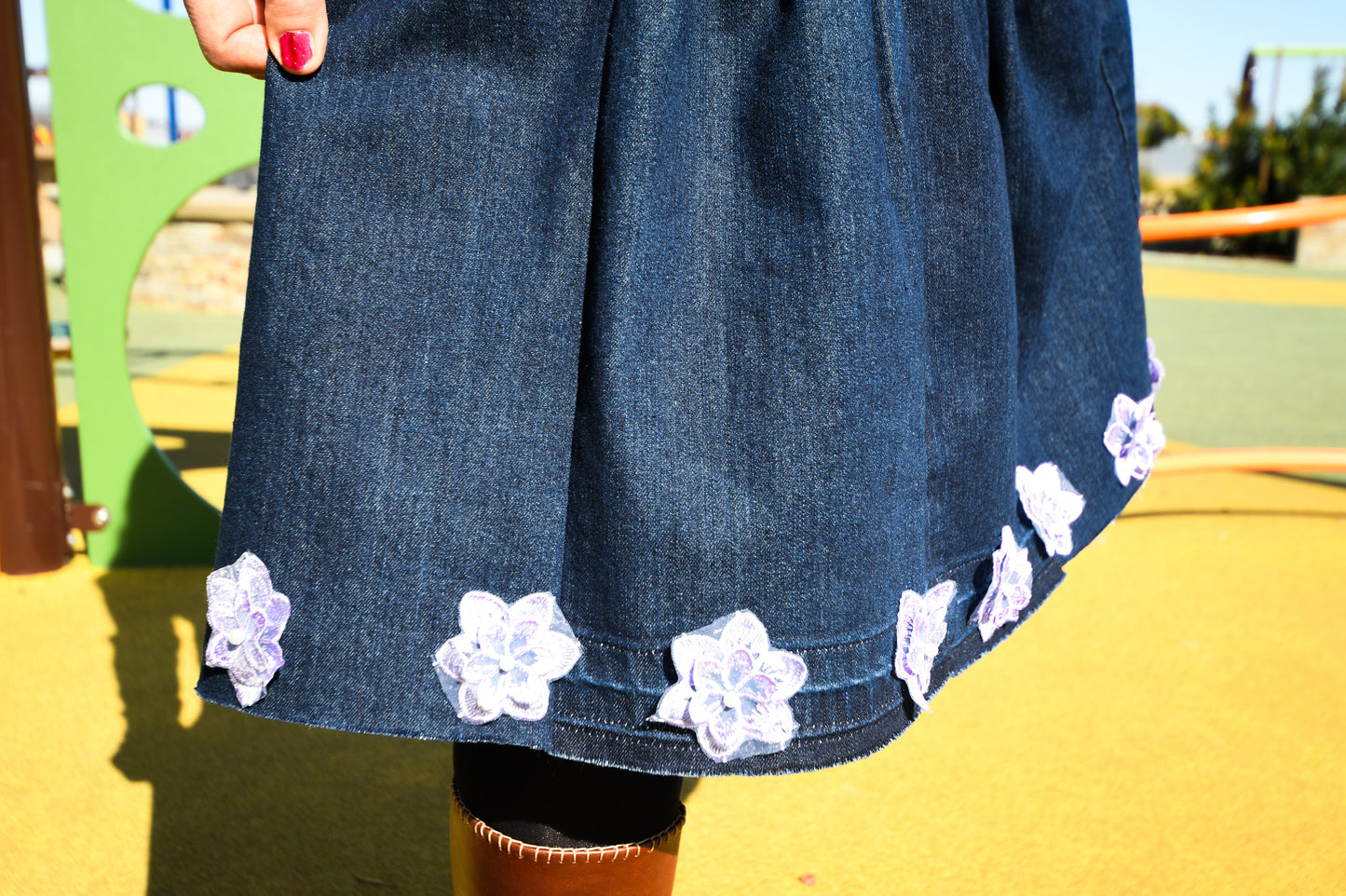 Handmade Navy Two-Section Gathered Denim Knee Length Skirt With Purple Flowers