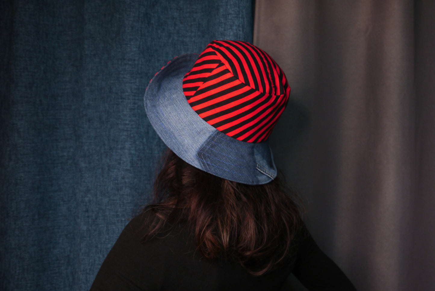 1 Of 1 4-Way-Wear Handmade Black Red Stripes And Denim Bucket Hat One Size Only ONE Up To 23 Head Circumference