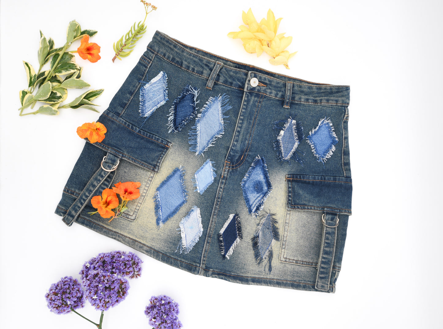 Handmade Denim Skirt Short Skirt With Distressed 'Diamonds' And Four Pockets Size M