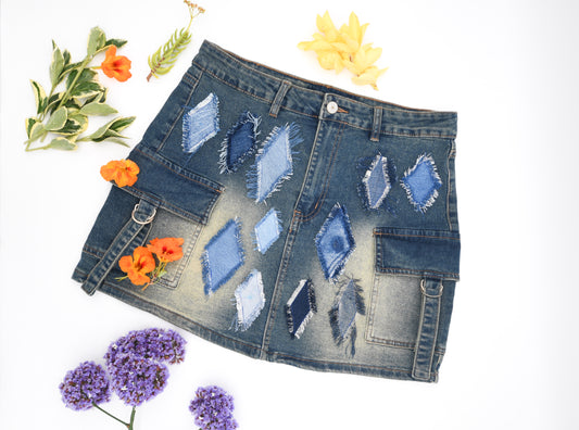 Handmade Denim Skirt Short Skirt With Distressed 'Diamonds' And Four Pockets Size M