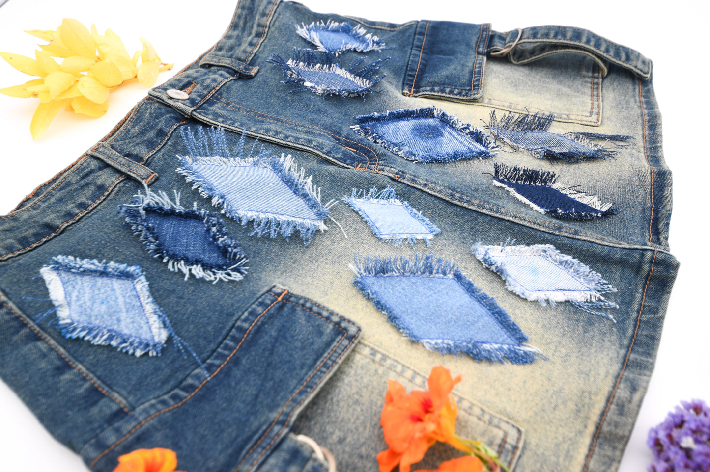 Handmade Denim Skirt Short Skirt With Distressed 'Diamonds' And Four Pockets Size M