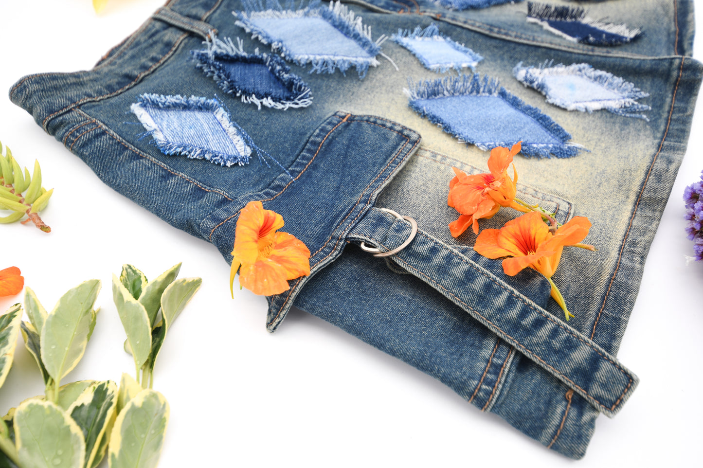 Handmade Denim Skirt Short Skirt With Distressed 'Diamonds' And Four Pockets Size M