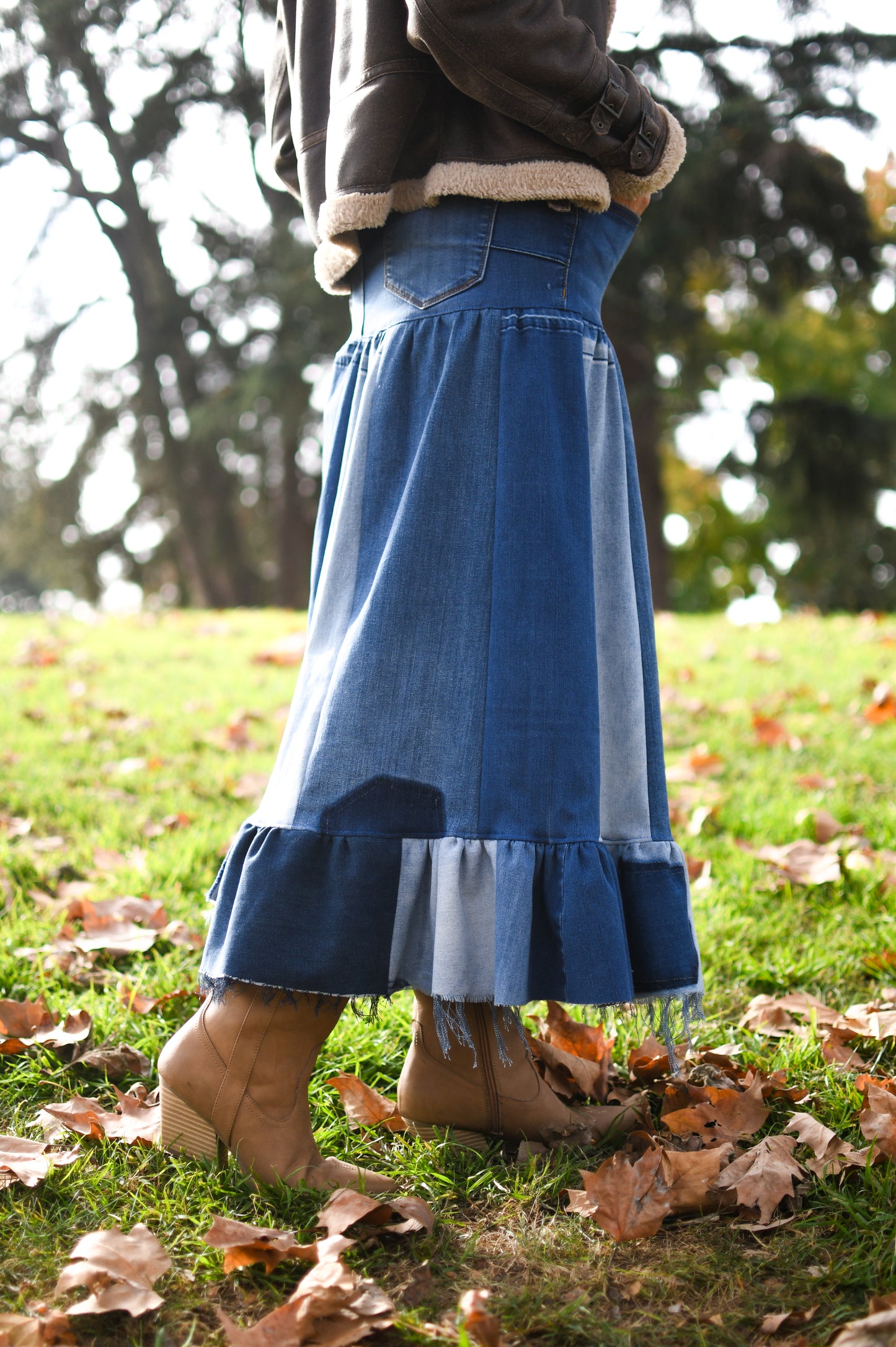 Handmade 1 Of 1 Upcycled Three Tier Patchwork Denim Long Skirt With Ruffle From Jeans Only One One Size Small Size Medium