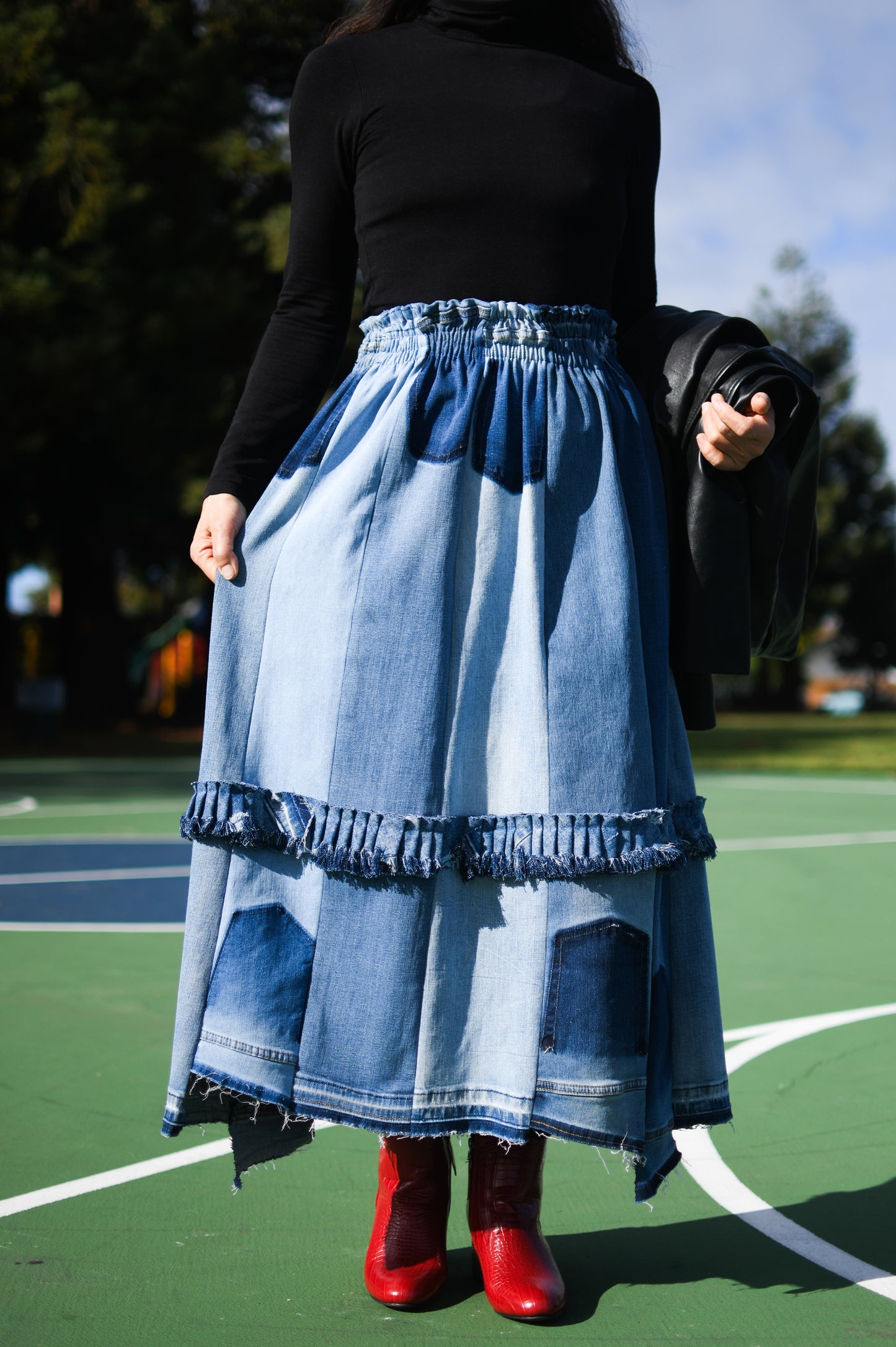 Handmade 1 Of 1 360 Degree Upcycled Denim Long Skirt With Ruffle In The Middle Elastic Waistband Only One One Size Small Medium Large XL XXL