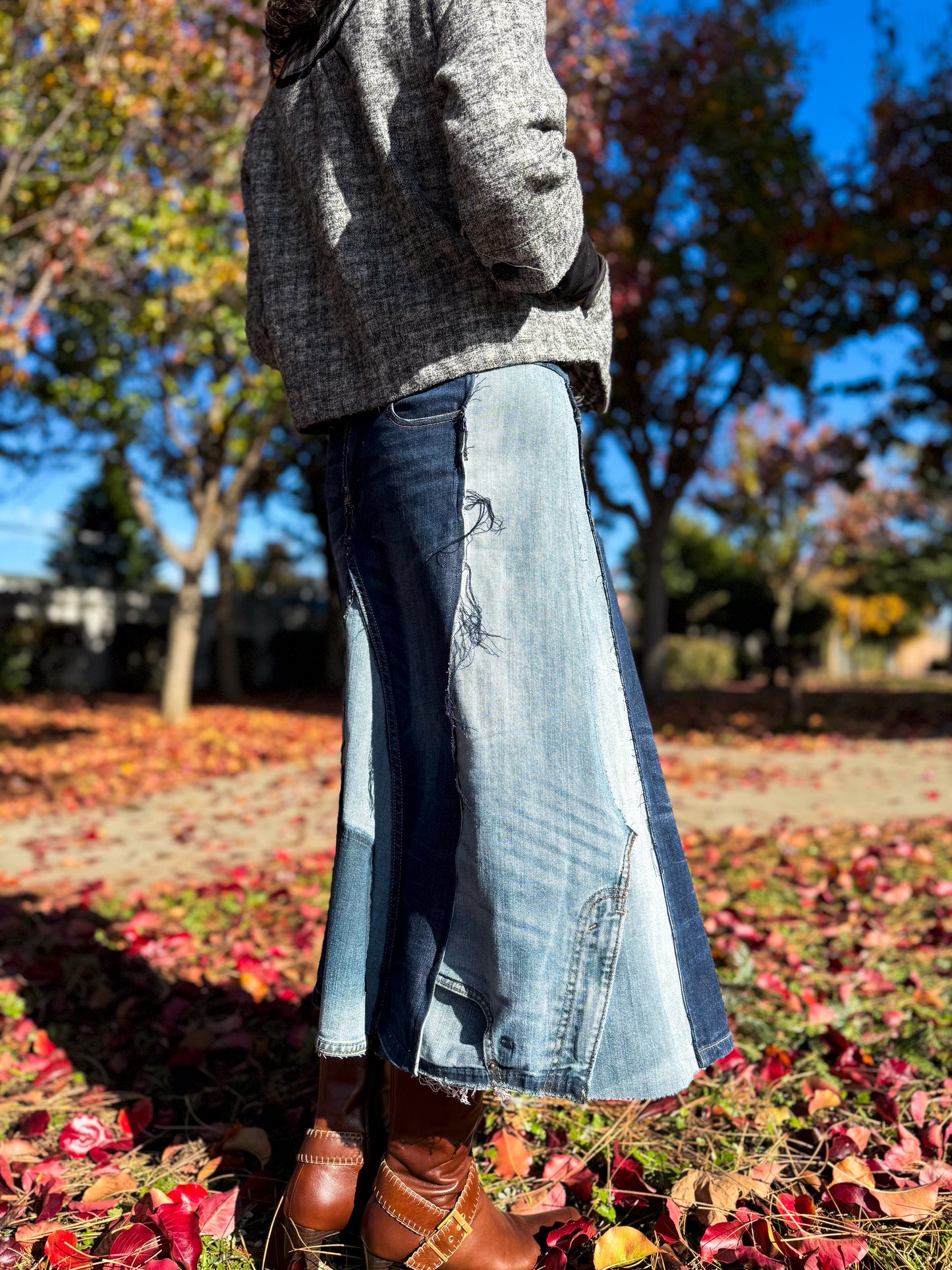 Handmade 1 Of 1 360 Degree Upcycled Two Tone Denim Calf Length Skirt From Kid Jeans With Elastic Waistband Only One Size XS, Small, Medium