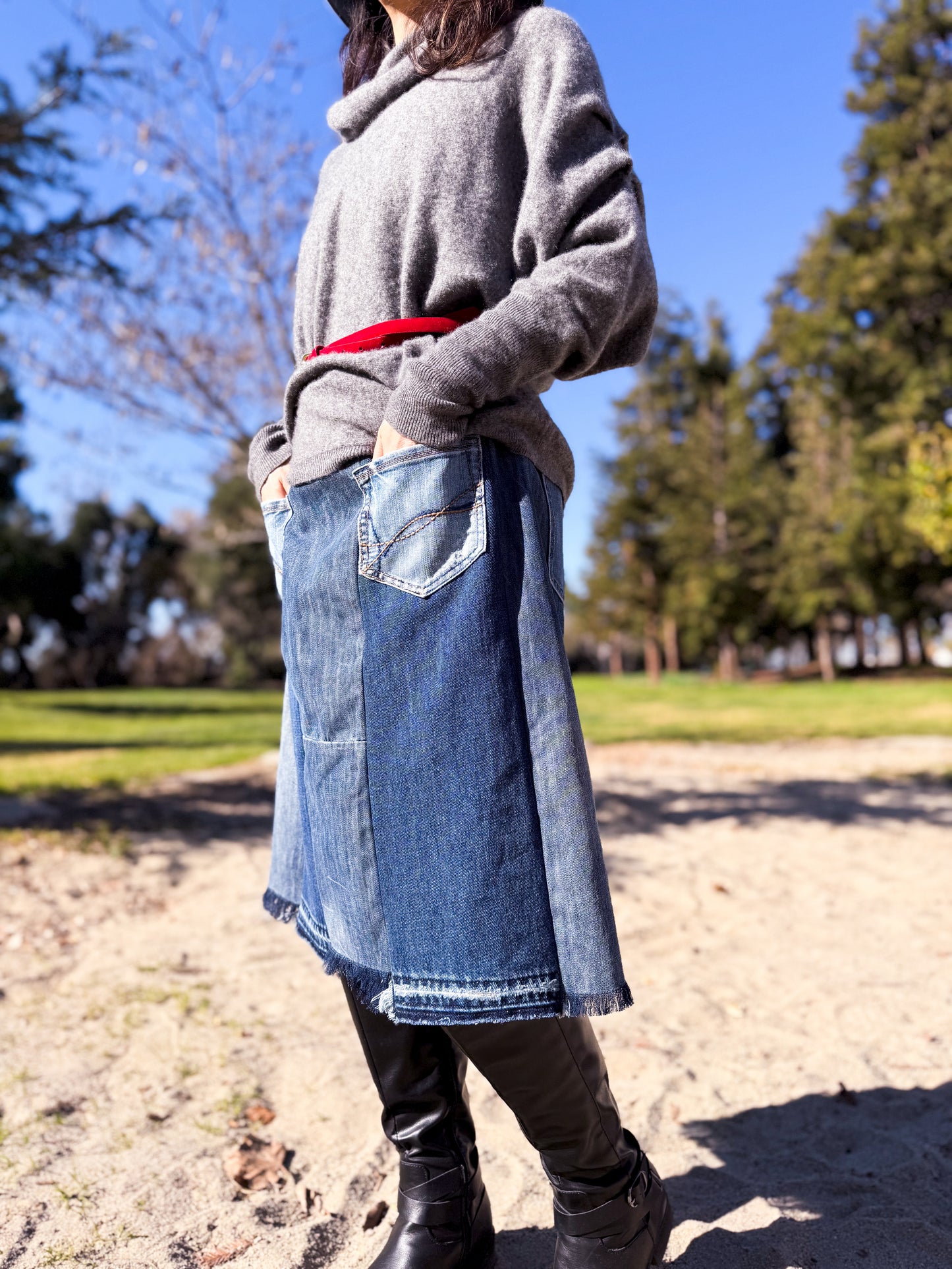 Handmade Upcycled Two-Shades Denim Patchwork A-Line Mid-Length Skirt W/ Elastic Waistband And Four Patch Pockets Size M L XL 0X 1X ALL Fit