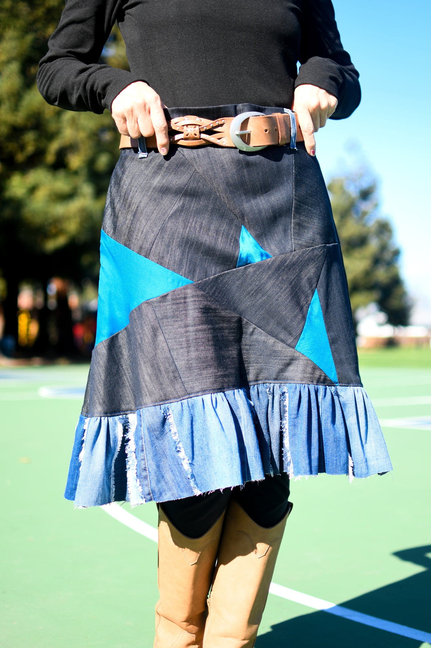Handmade 1 Of 1 Upcycled Multi-Shade Denim Patchwork Two-Section Knee Length Skirt With Ruffle One Size Size Medium Size Large