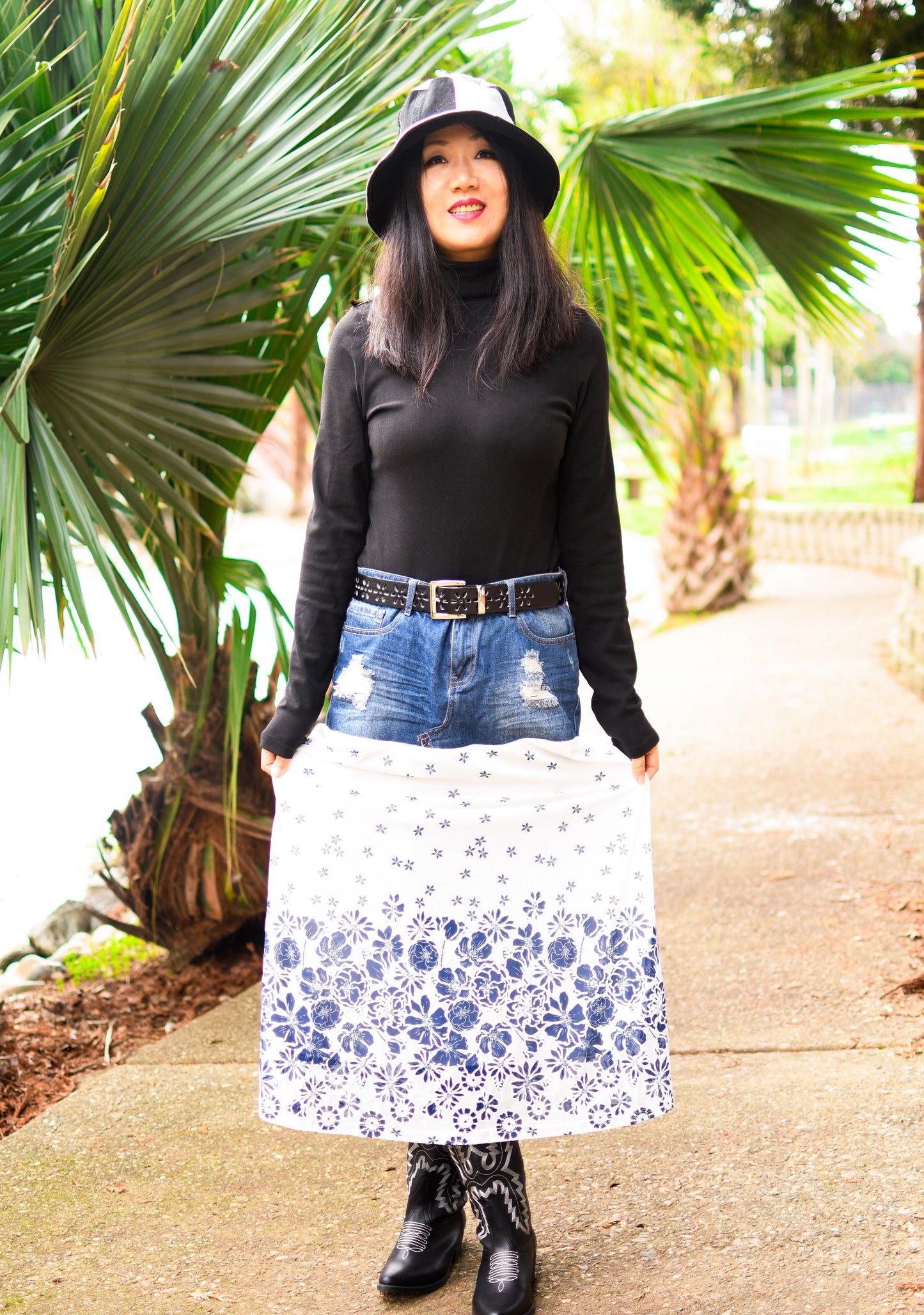 Handmade 1 Of 1 Porcelain Blue Floral Print Two Section Flowy Denim Long Skirt One Size Size Large Size XL