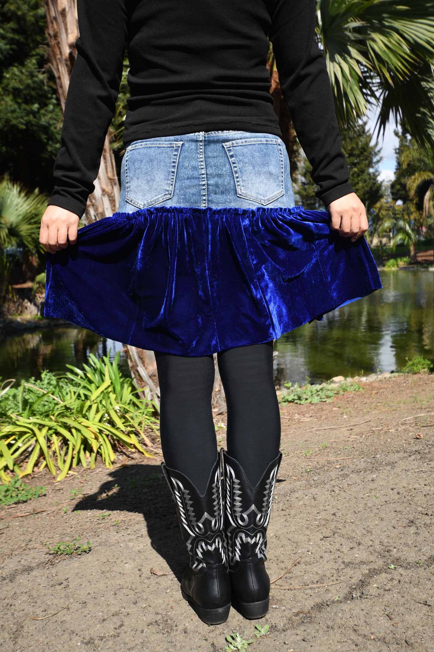 Handmade 1 Of 1 Upcycled Natural Blue Denim And Royal Blue Velvet Two-Section Gathered Short Skirt One Size Size Medium