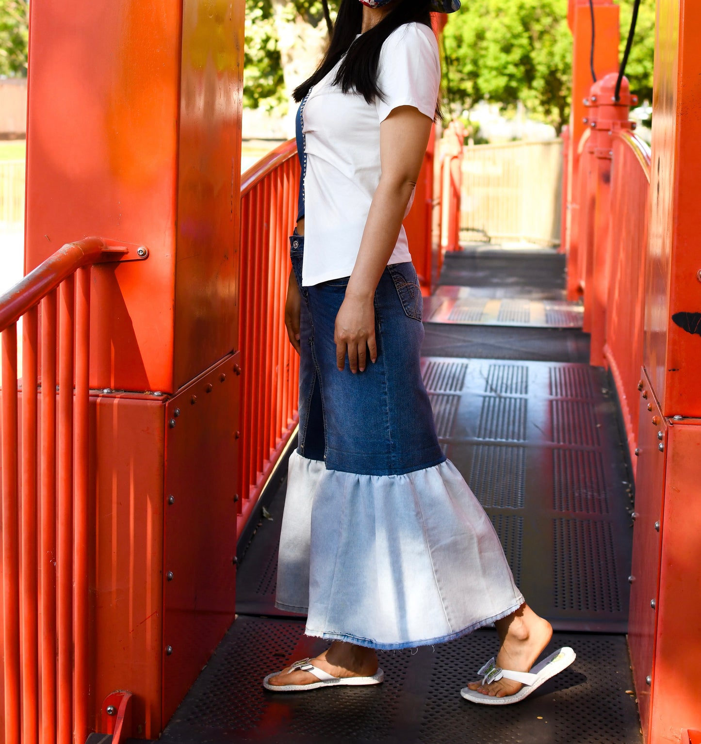 Handmade Upcycled Two-layered Contrast Color Denim Gathered Long Skirt With Pockets Only One Size 29 Size Small Size Medium