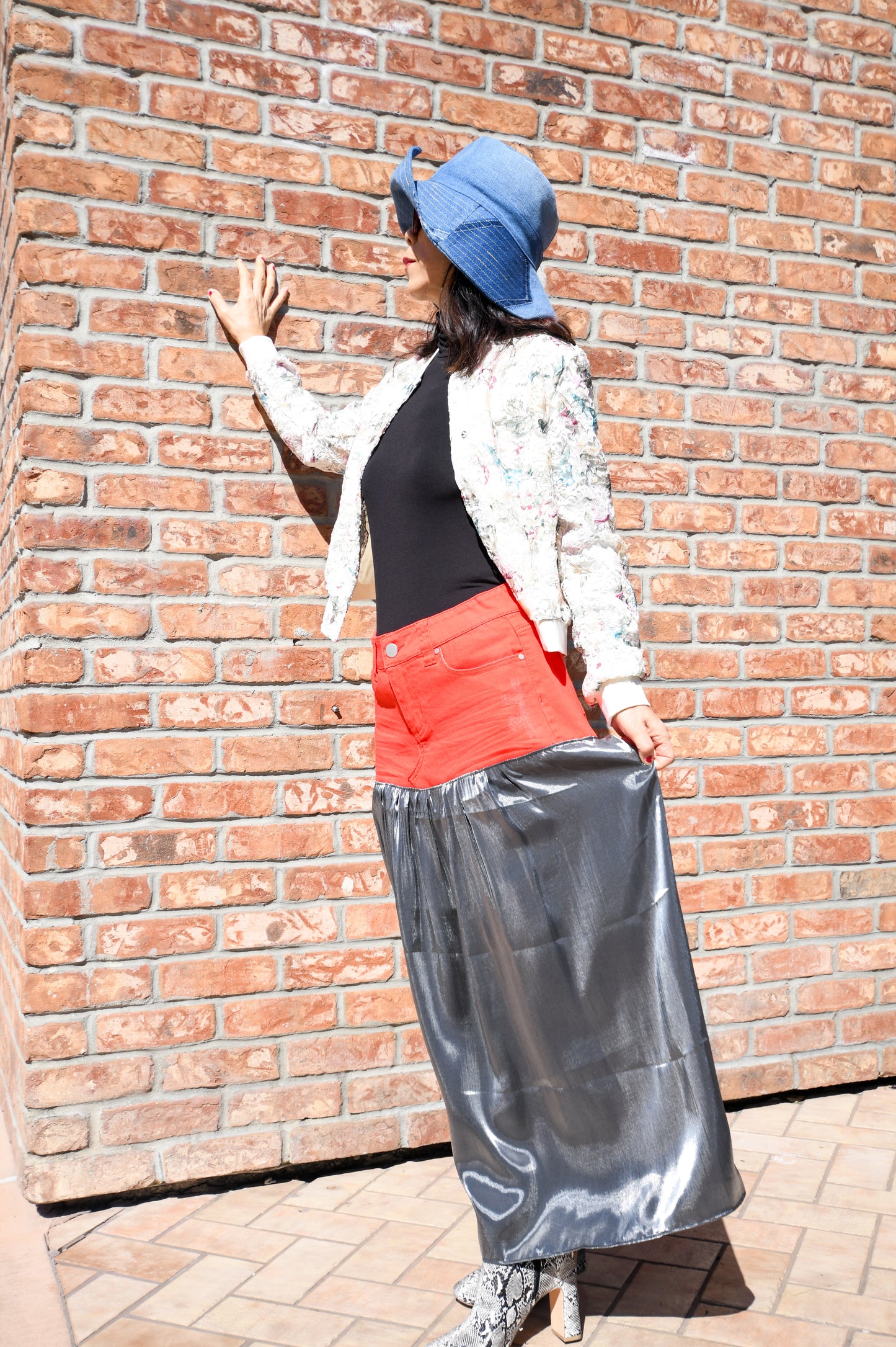 Handmade 1 Of 1 Two-Section Red Orange Denim And Flowy Dark Metallic Gathered Long Skirt One Size Size Medium Size 29