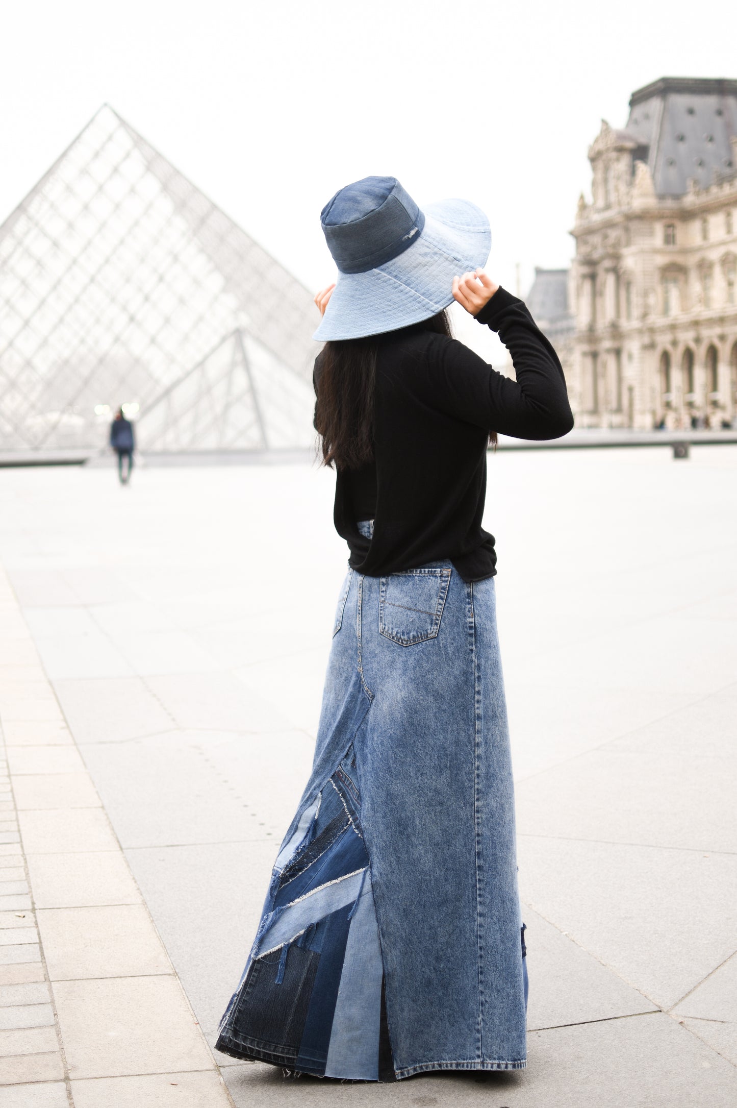 Handmade 1 Of 1 Upcycled Patchwork Triangle Denim Long Skirt With Only One One Size Small Size Medium