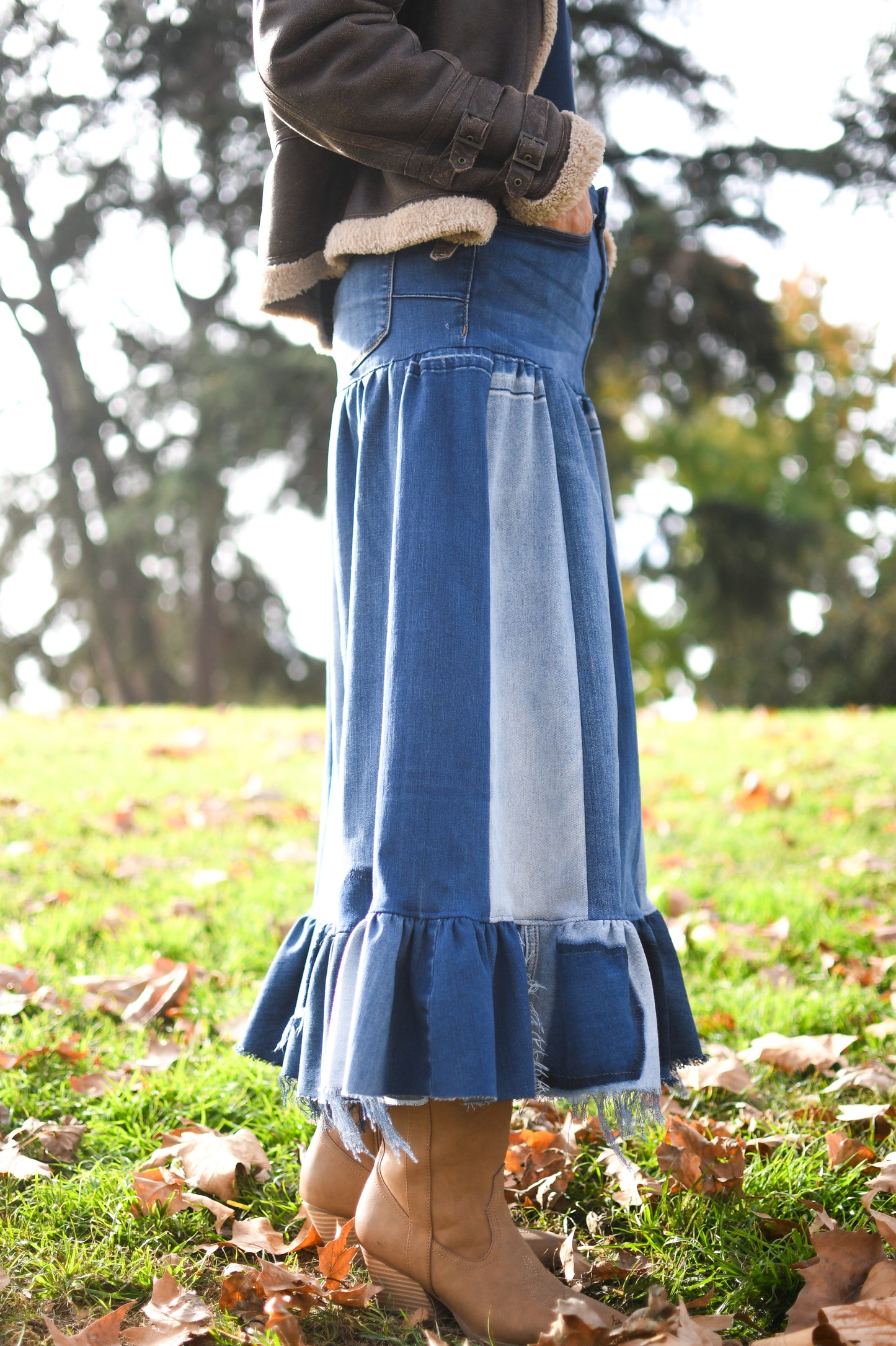 Handmade 1 Of 1 Upcycled Three Tier Patchwork Denim Long Skirt With Ruffle From Jeans Only One One Size Small Size Medium