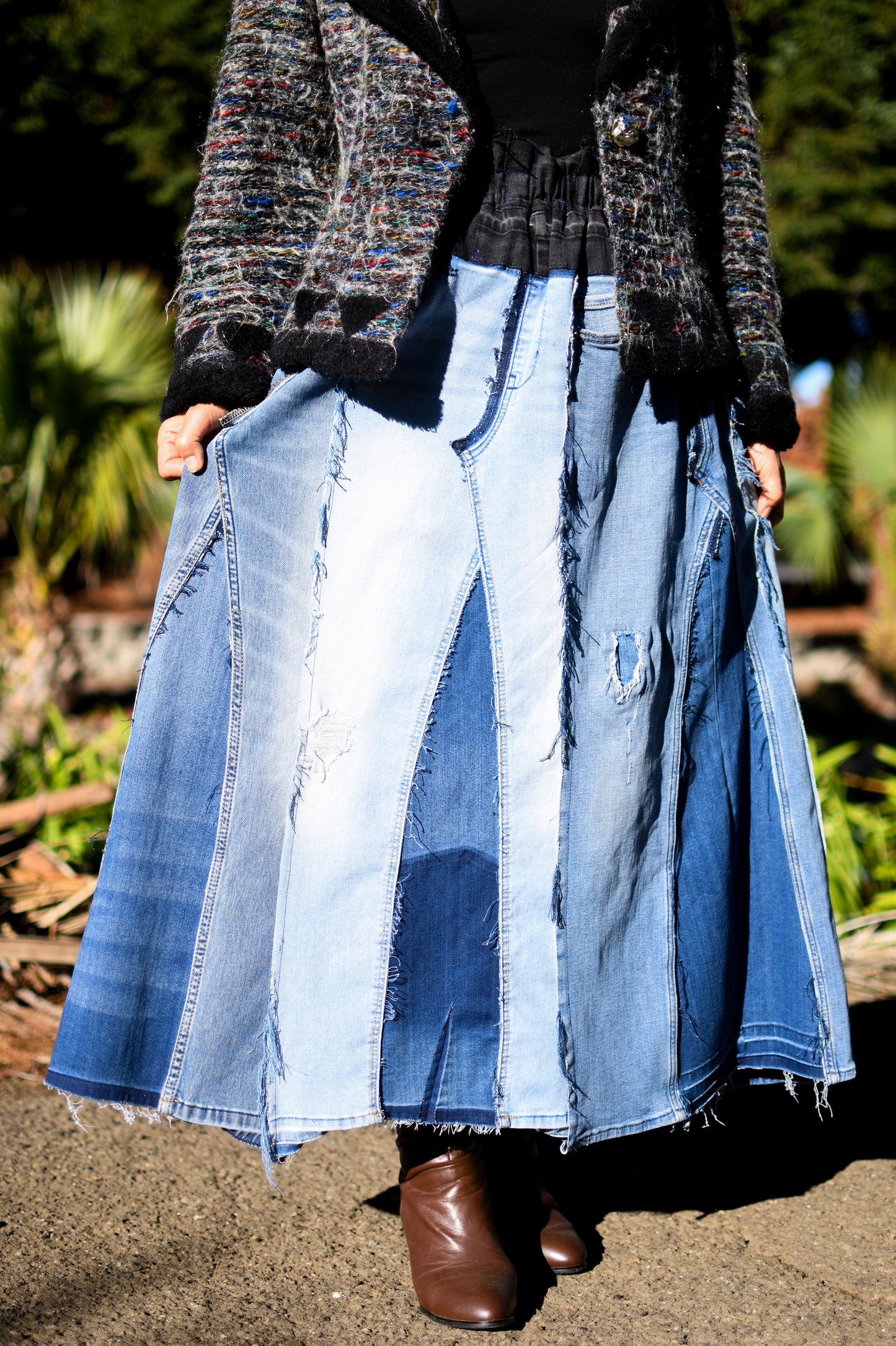 Handmade 1 Of 1 360 Degree Upcycled Denim Long Skirt From 5 Pairs of Jeans With Elastic Waistband Only One Size XS S Medium Large XL 1X 2X