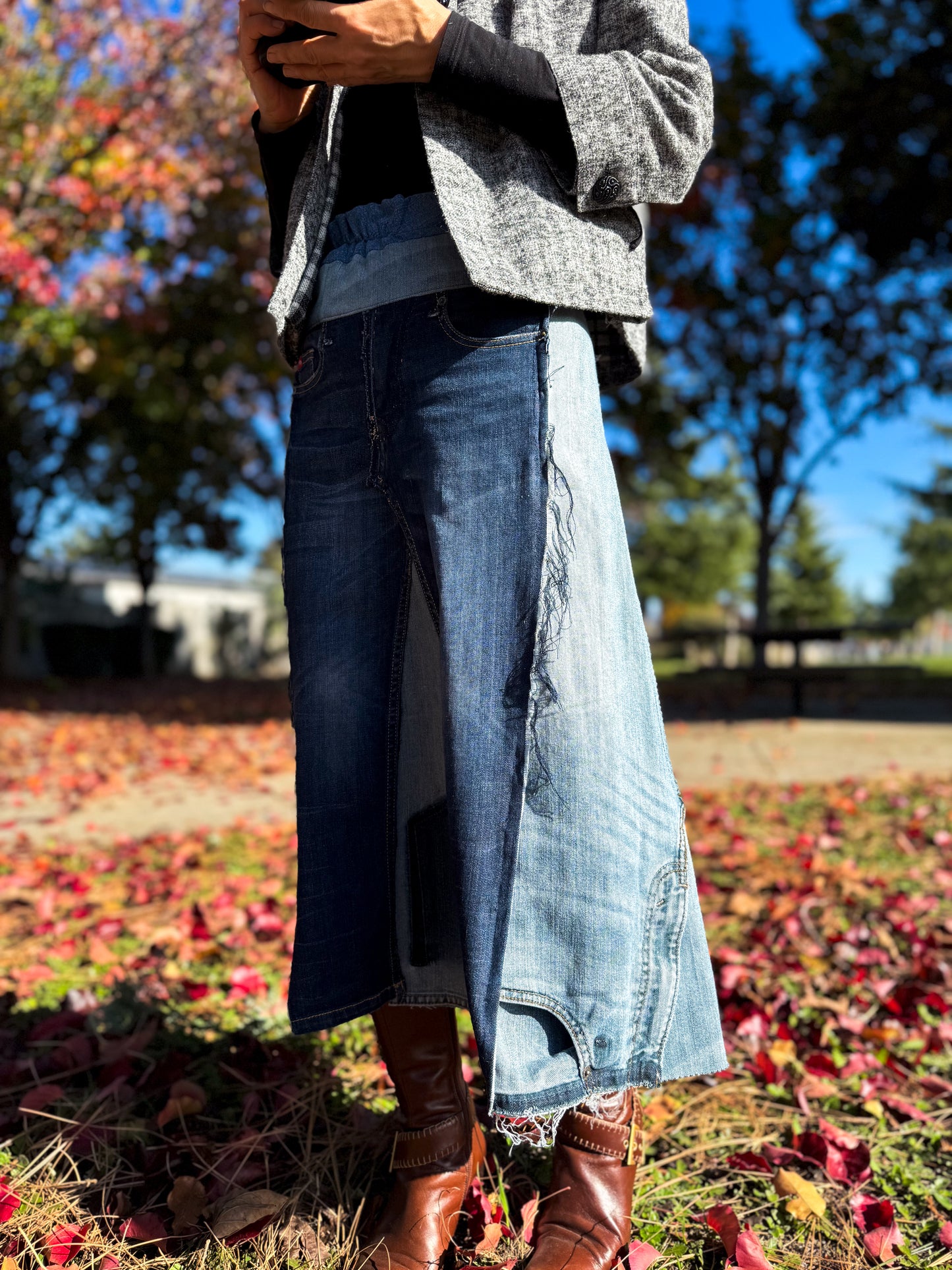 Handmade 1 Of 1 360 Degree Upcycled Two Tone Denim Calf Length Skirt From Kid Jeans With Elastic Waistband Only One Size XS, Small, Medium