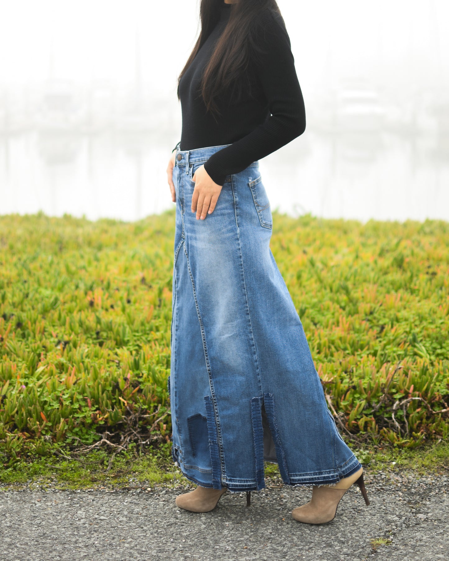 Handmade 1 Of 1 Upcycled Short Slit Denim Long Skirt With Ruffles Only ONE One Size Size Medium