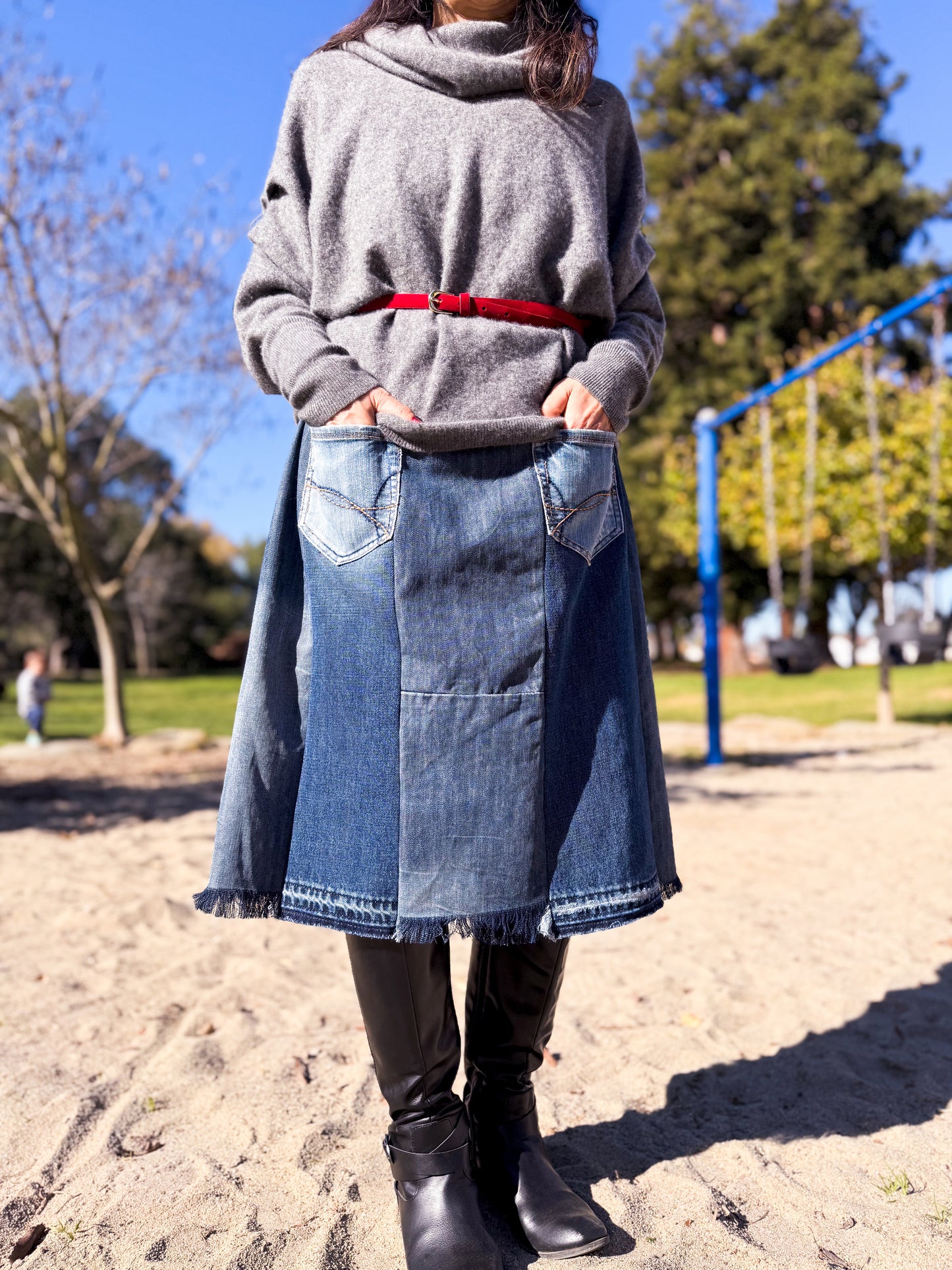 Handmade Upcycled Two-Shades Denim Patchwork A-Line Mid-Length Skirt W/ Elastic Waistband And Four Patch Pockets Size M L XL 0X 1X ALL Fit