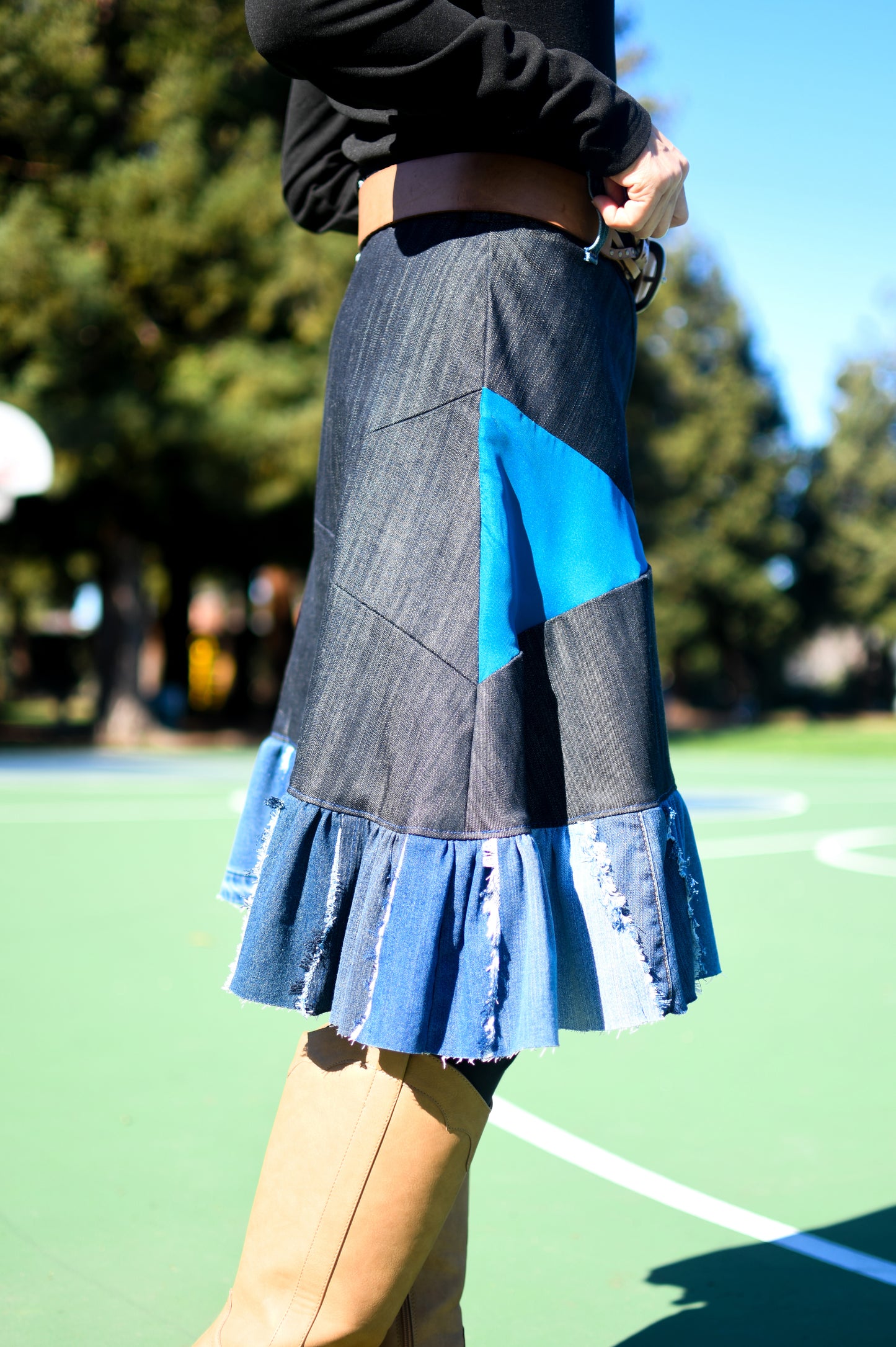 Handmade 1 Of 1 Upcycled Multi-Shade Denim Patchwork Two-Section Knee Length Skirt With Ruffle One Size Size Medium Size Large