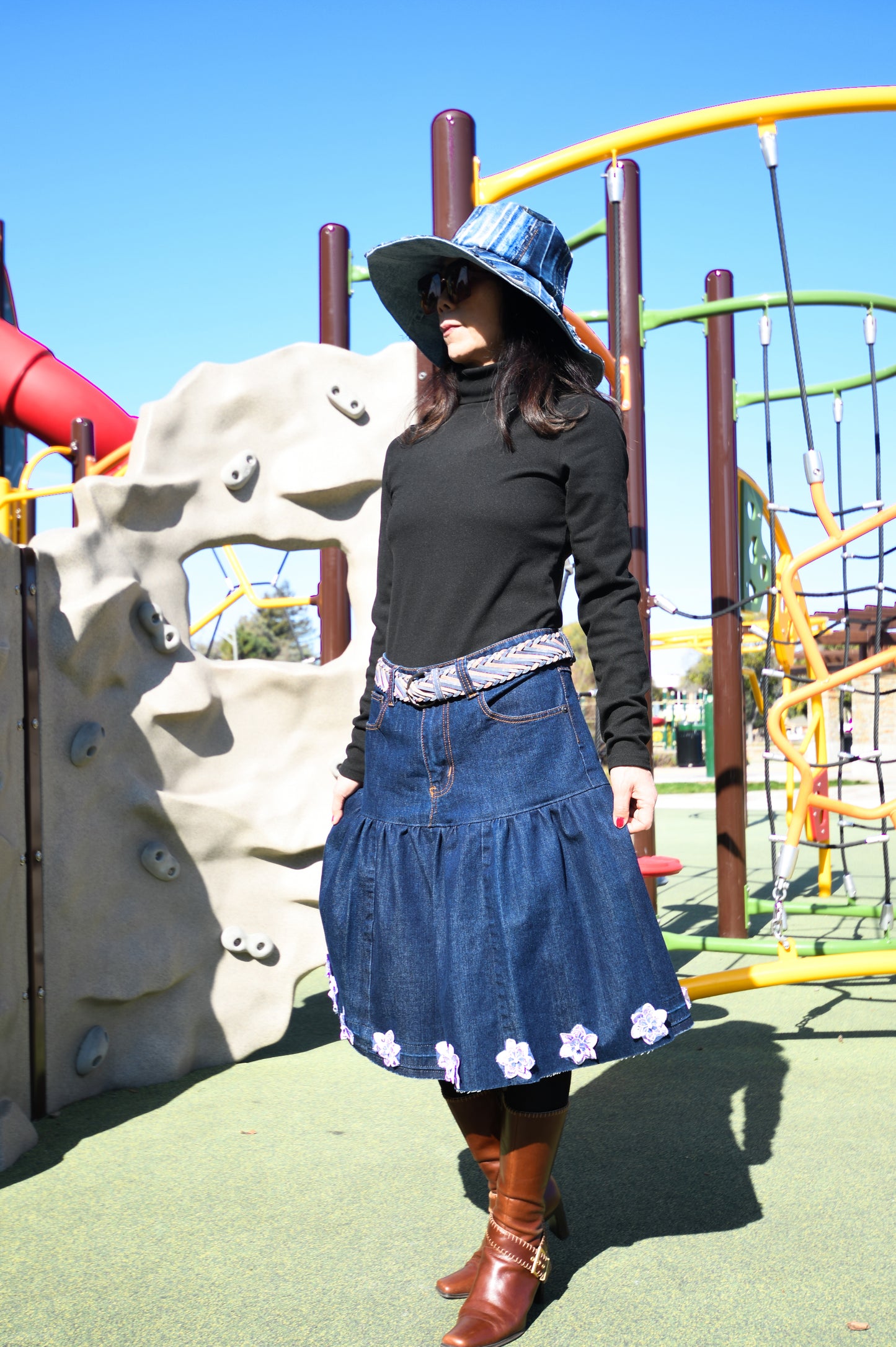 Handmade Navy Two-Section Gathered Denim Knee Length Skirt With Purple Flowers