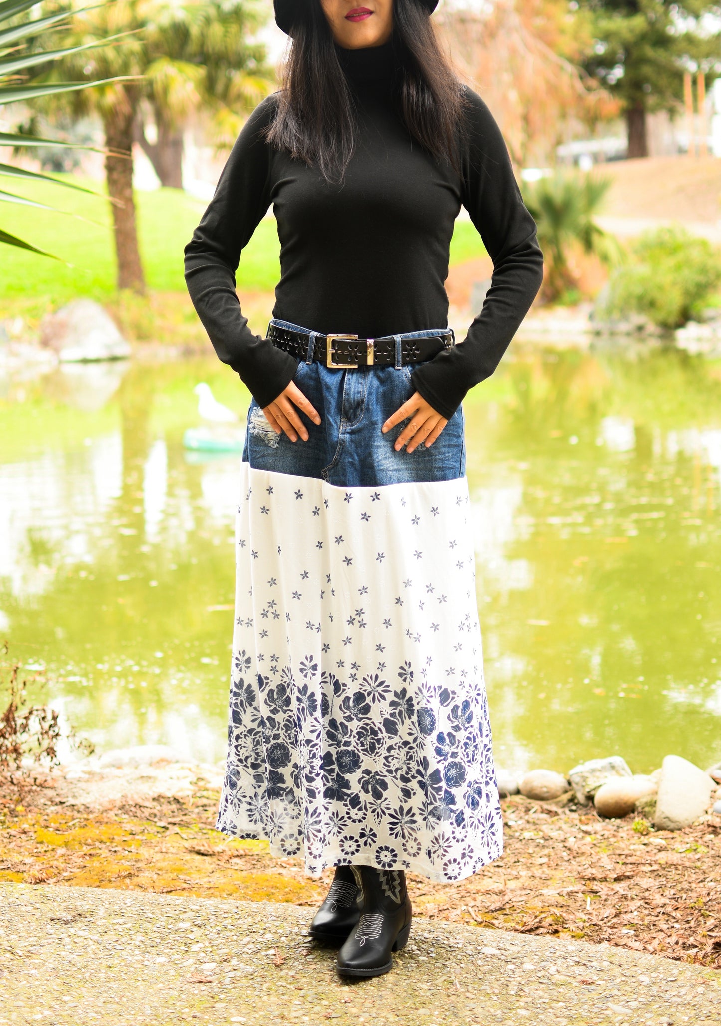 Handmade 1 Of 1 Porcelain Blue Floral Print Two Section Flowy Denim Long Skirt One Size Size Large Size XL