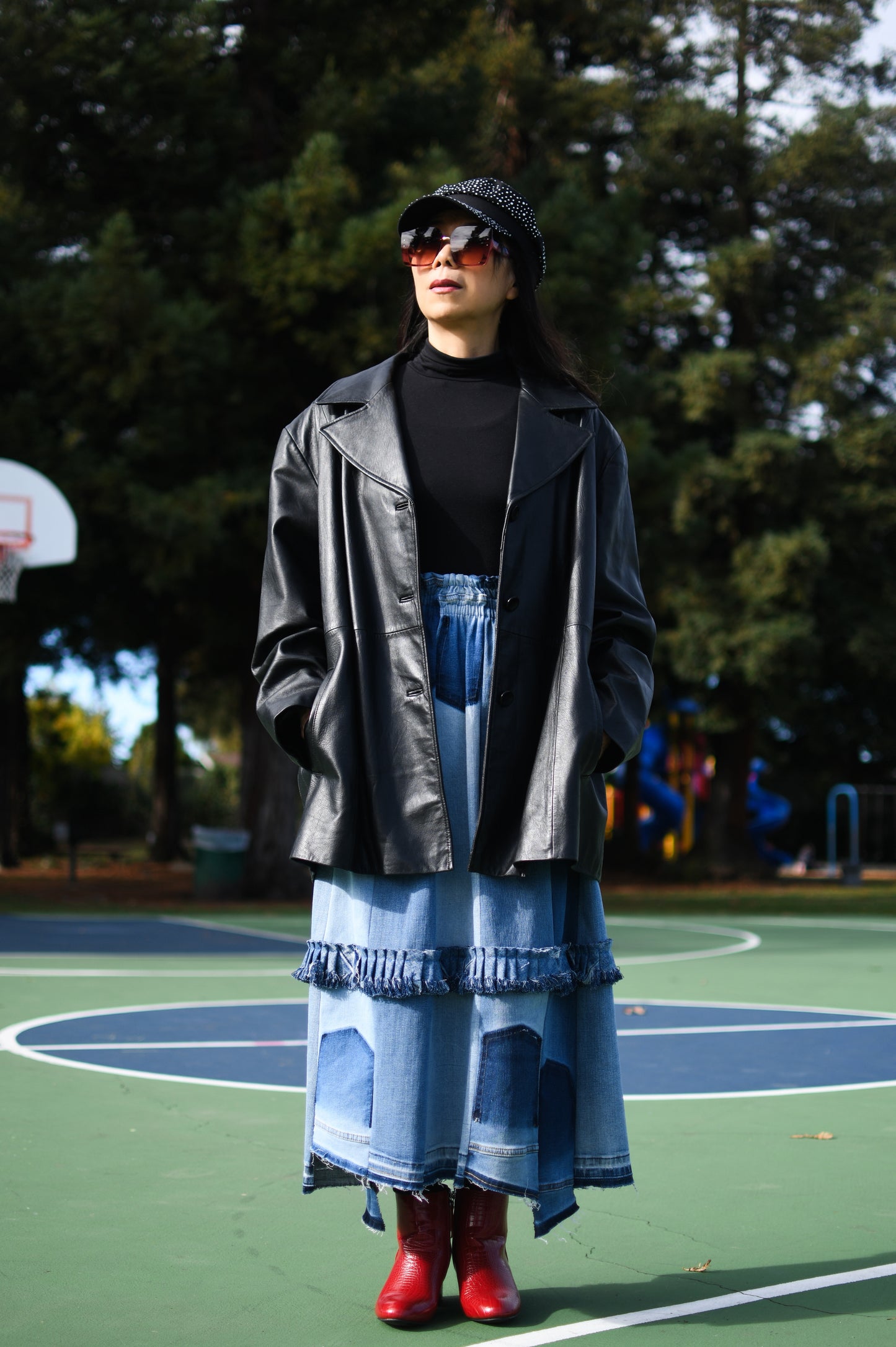 Handmade 1 Of 1 360 Degree Upcycled Denim Long Skirt With Ruffle In The Middle Elastic Waistband Only One One Size Small Medium Large XL XXL
