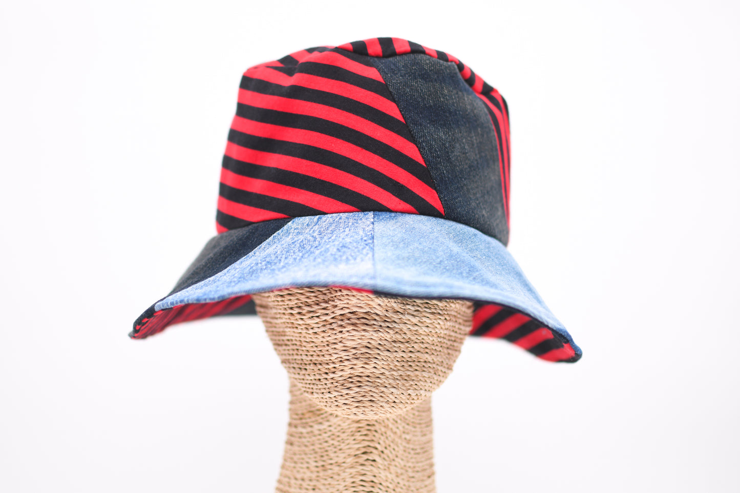 1 Of 1 4-Way-Wear Handmade Black Red Stripes And Denim Patchwork Bucket Hat One Size Only ONE Up To 23 Head Circumference