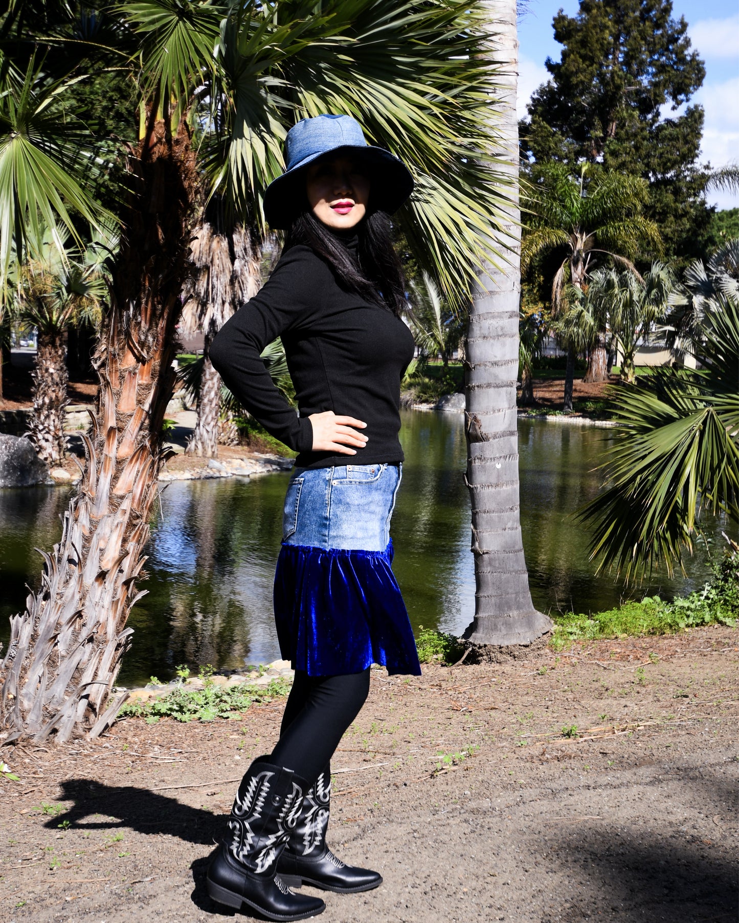 Handmade 1 Of 1 Upcycled Natural Blue Denim And Royal Blue Velvet Two-Section Gathered Short Skirt One Size Size Medium