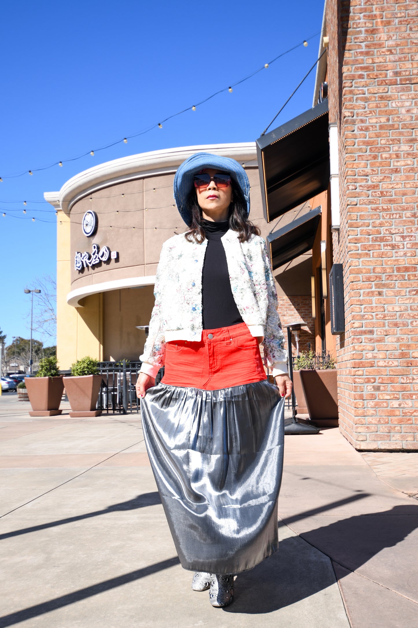 Handmade 1 Of 1 Two-Section Red Orange Denim And Flowy Dark Metallic Gathered Long Skirt One Size Size Medium Size 29