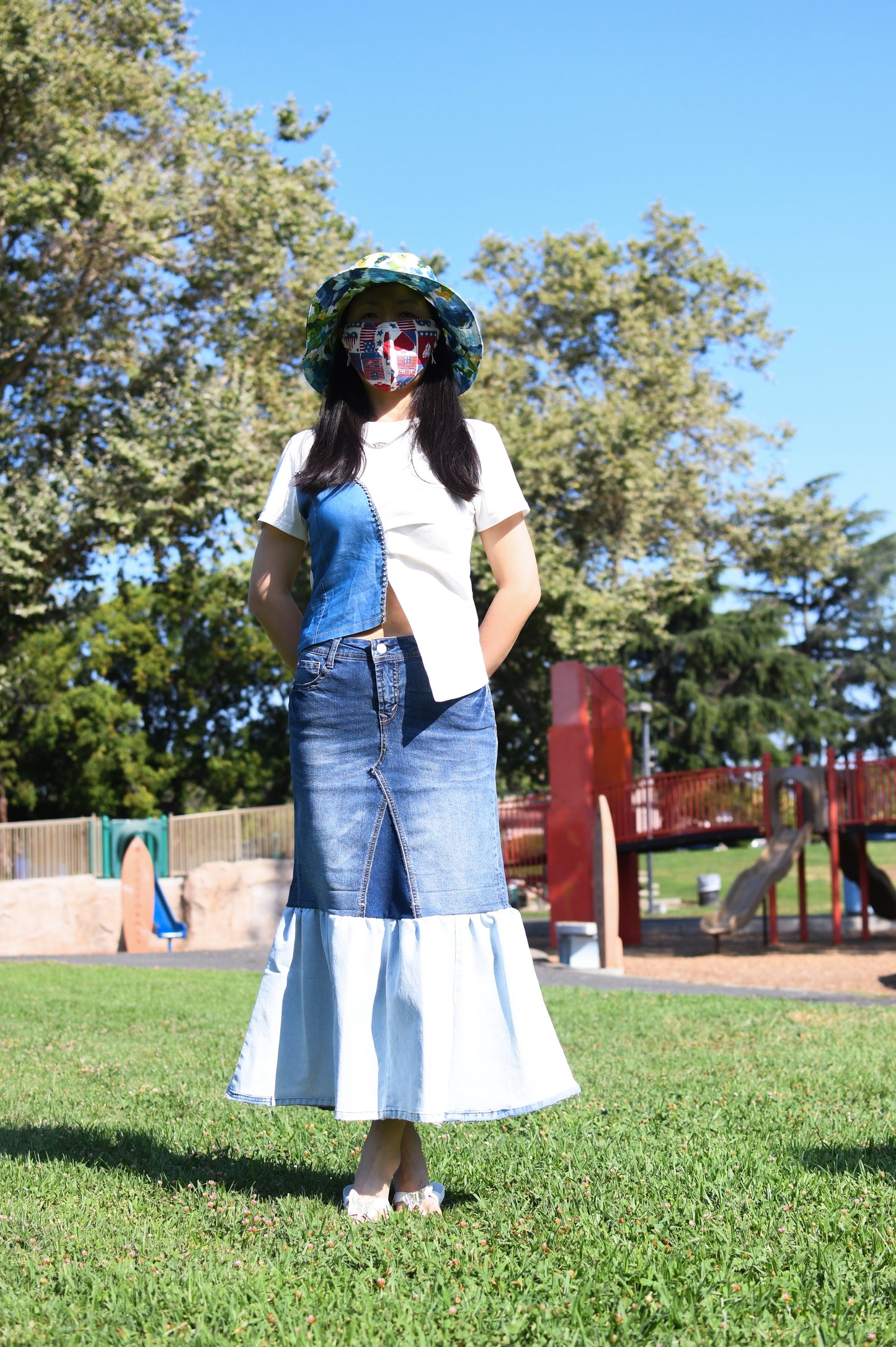 Handmade Upcycled Two-layered Contrast Color Denim Gathered Long Skirt With Pockets Only One Size 29 Size Small Size Medium